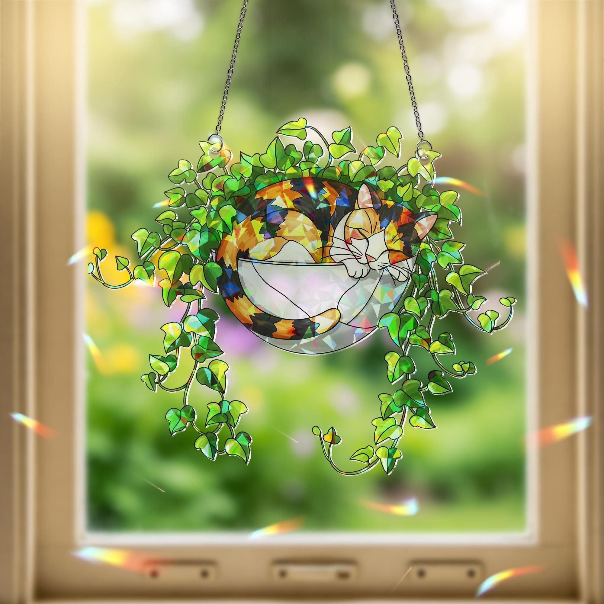 Calico Cat Sleeping on Ivy Hologram Ornament | Cat ACRYLIC Window Hanging | Plant Lover Gift, Ivy Plants Decor, Cozy Cat Decor, Gift For Mom