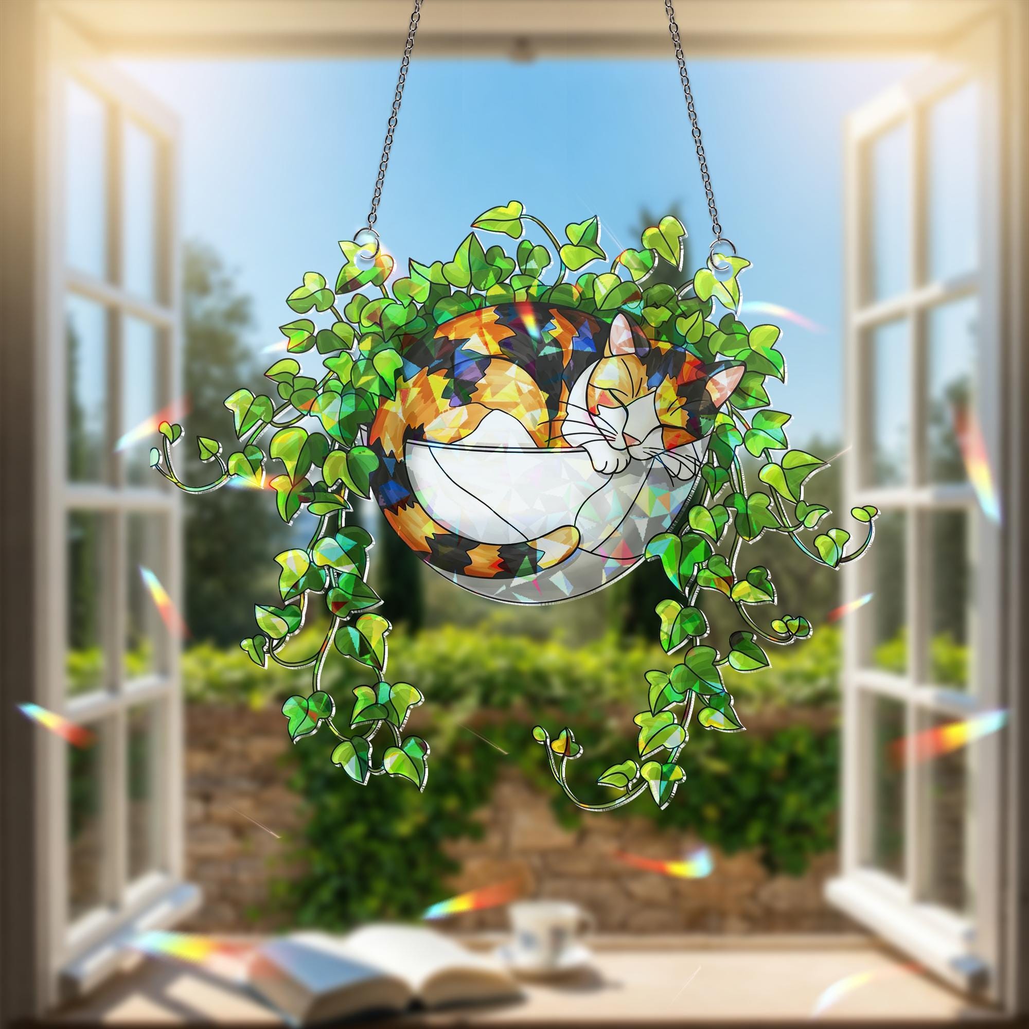 Calico Cat Sleeping on Ivy Hologram Ornament | Cat ACRYLIC Window Hanging | Plant Lover Gift, Ivy Plants Decor, Cozy Cat Decor, Gift For Mom
