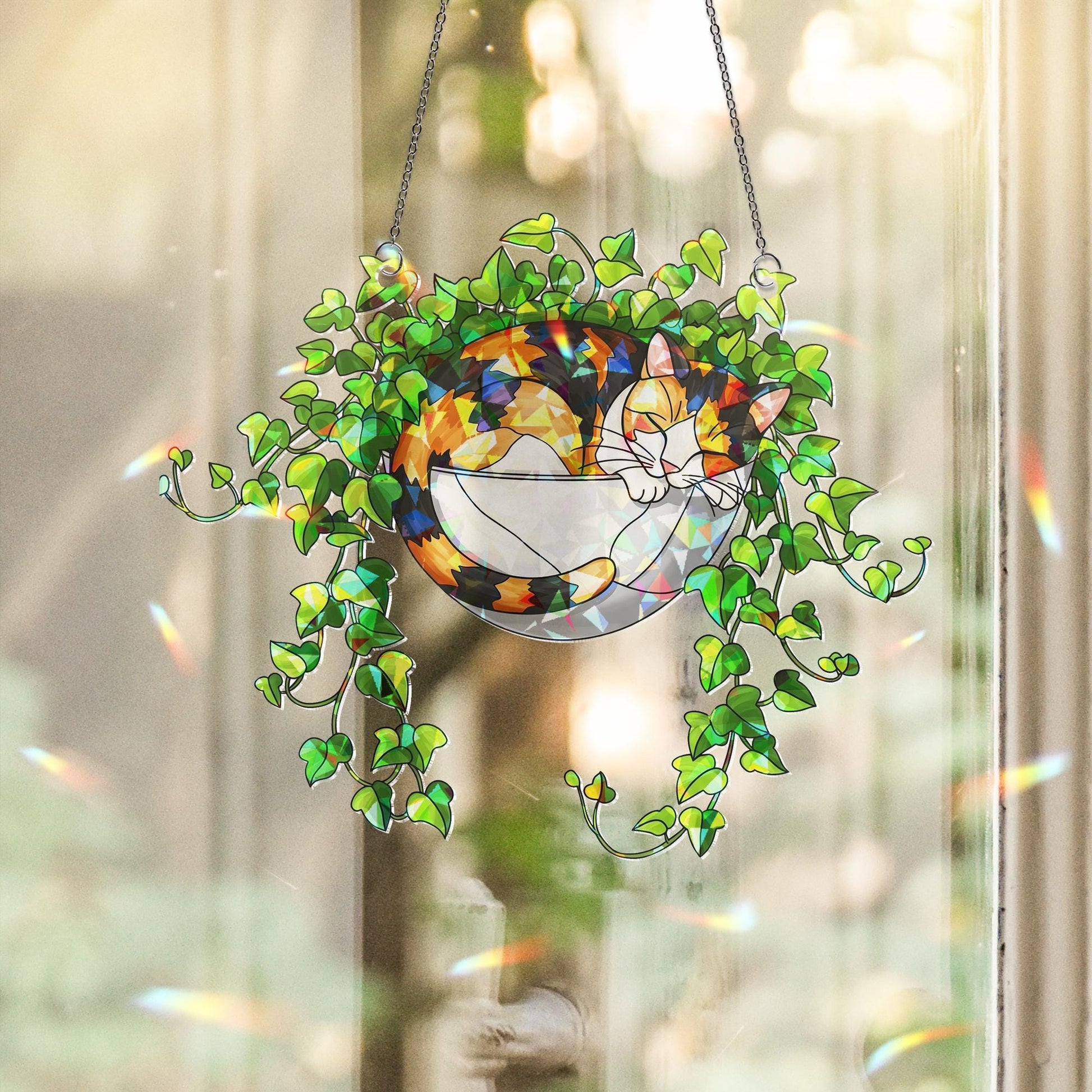 Calico Cat Sleeping on Ivy Hologram Ornament | Cat ACRYLIC Window Hanging | Plant Lover Gift, Ivy Plants Decor, Cozy Cat Decor, Gift For Mom