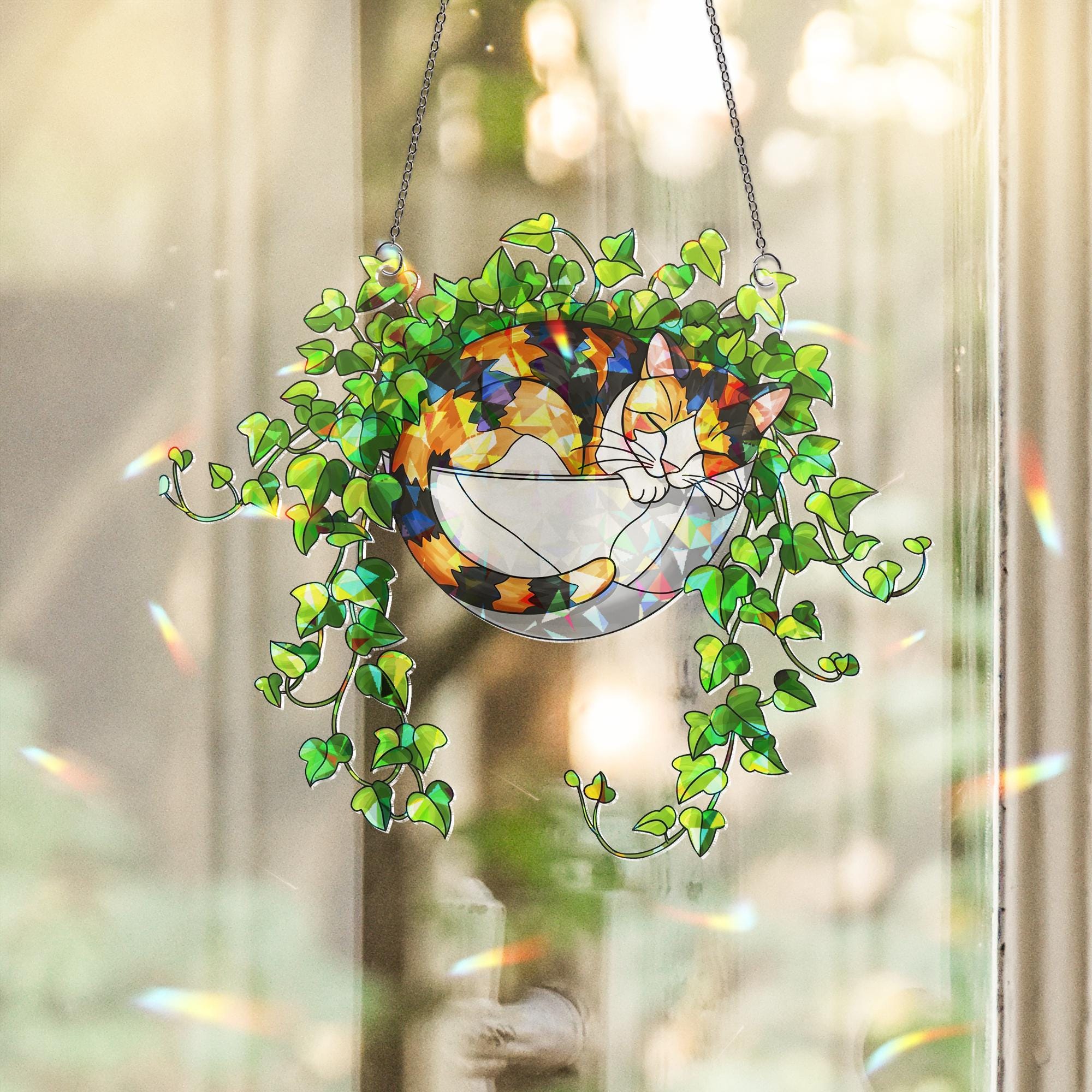 Calico Cat Sleeping on Ivy Hologram Ornament | Cat ACRYLIC Window Hanging | Plant Lover Gift, Ivy Plants Decor, Cozy Cat Decor, Gift For Mom