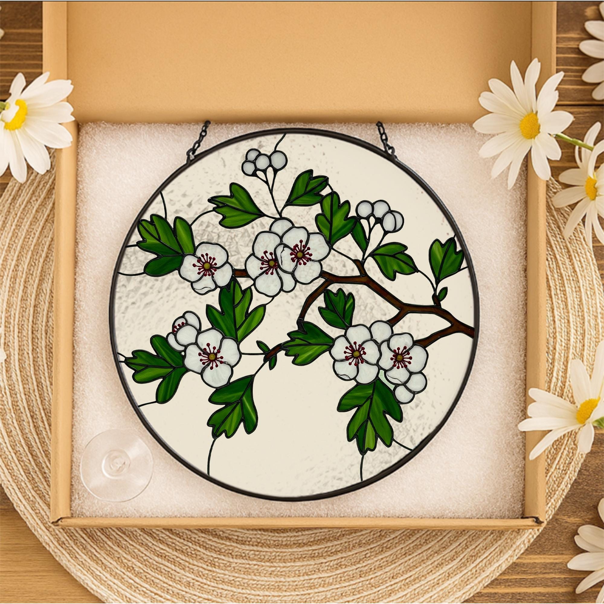 Hawthorn Glass Suncatcher Window Hanging | Botanical Sun Catcher Decor | Nature-Inspired Glass Style | Floral Window Art, Gift For Mom