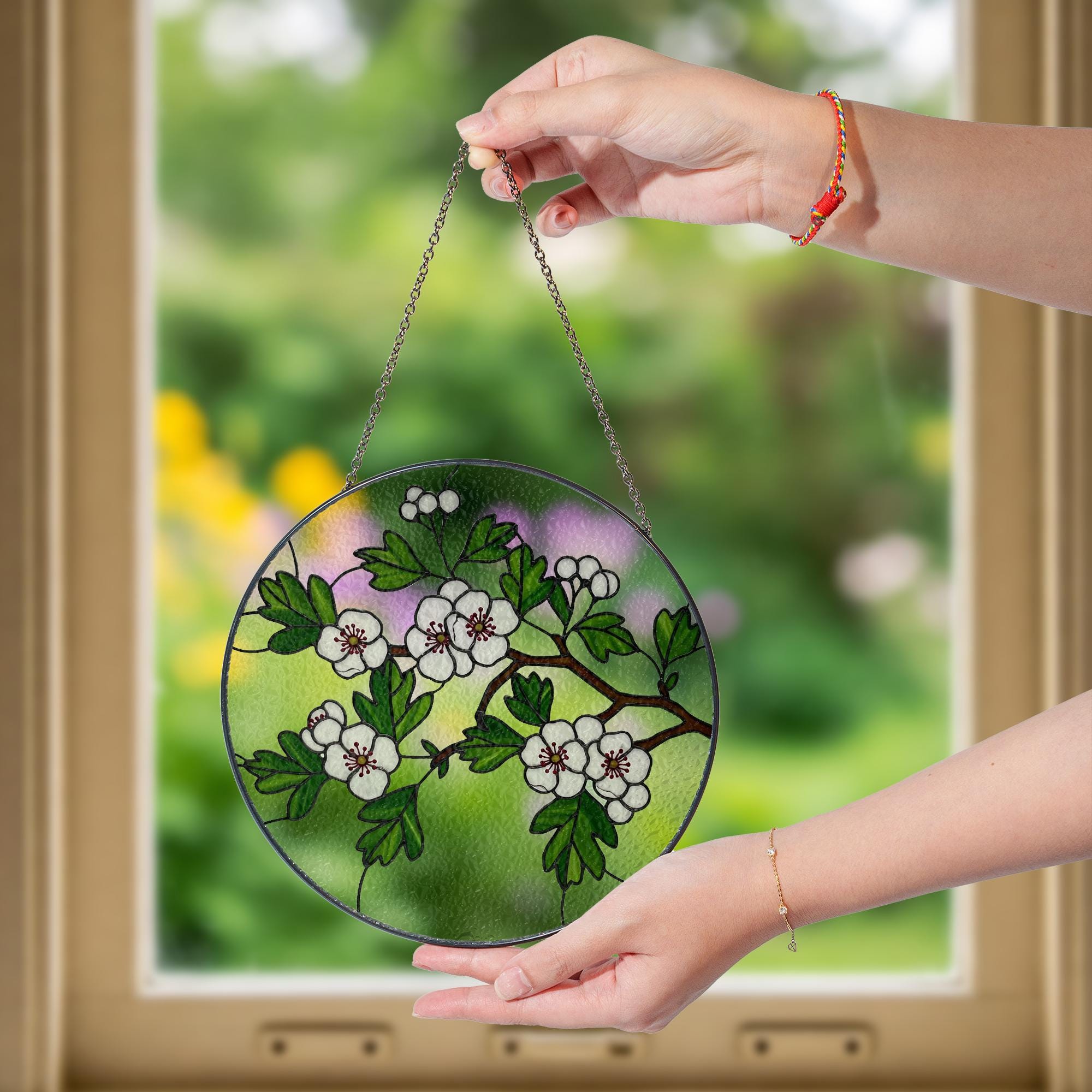 Hawthorn Glass Suncatcher Window Hanging | Botanical Sun Catcher Decor | Nature-Inspired Glass Style | Floral Window Art, Gift For Mom