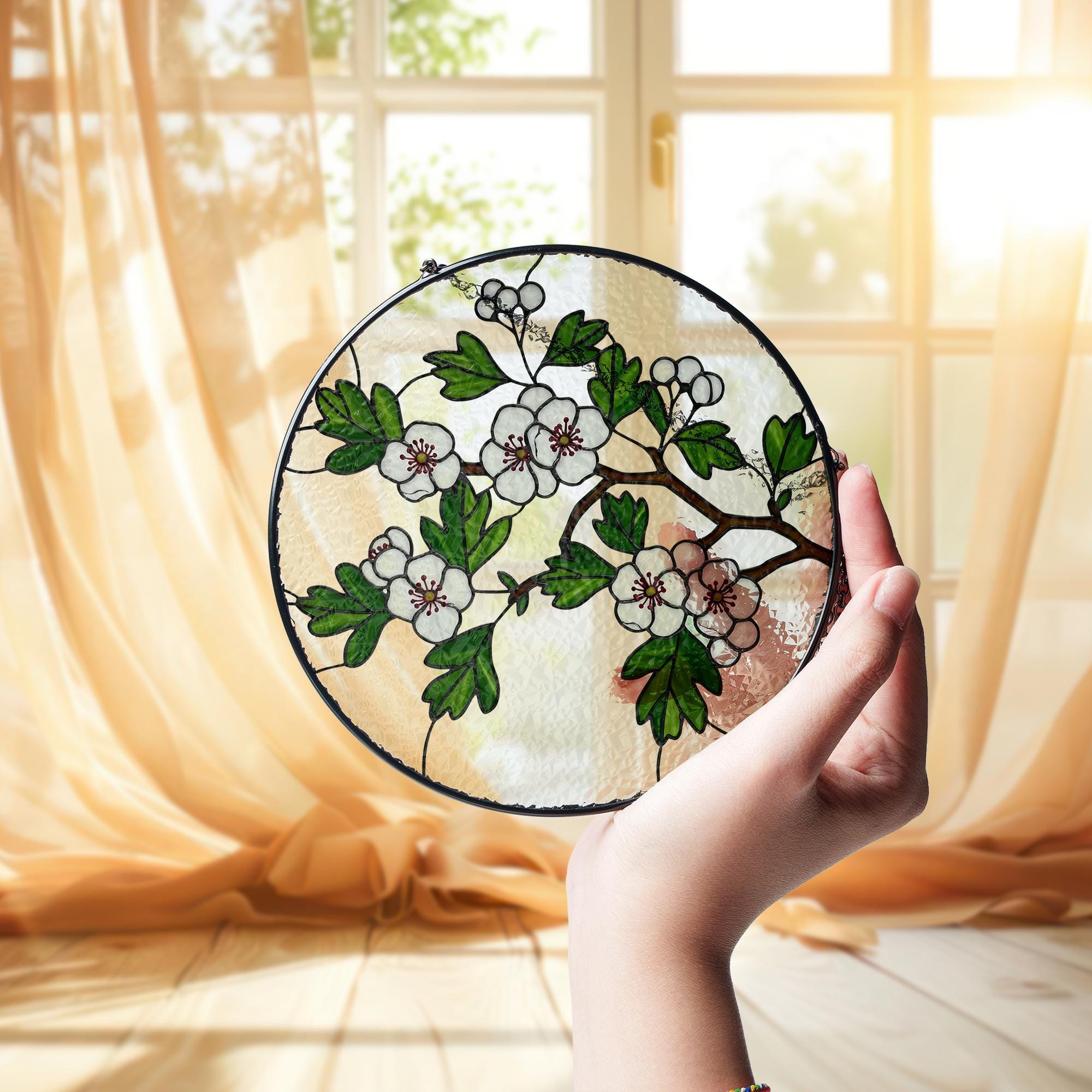 Hawthorn Glass Suncatcher Window Hanging | Botanical Sun Catcher Decor | Nature-Inspired Glass Style | Floral Window Art, Gift For Mom
