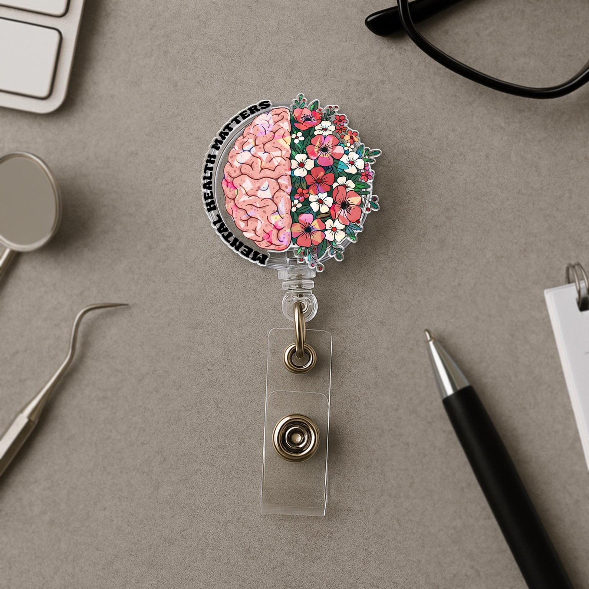 Mental Health Matters Badge Reel – Brain and Flowers ID Holder – Inspirational Retractable Clip for Therapists, Nurses & Advocates