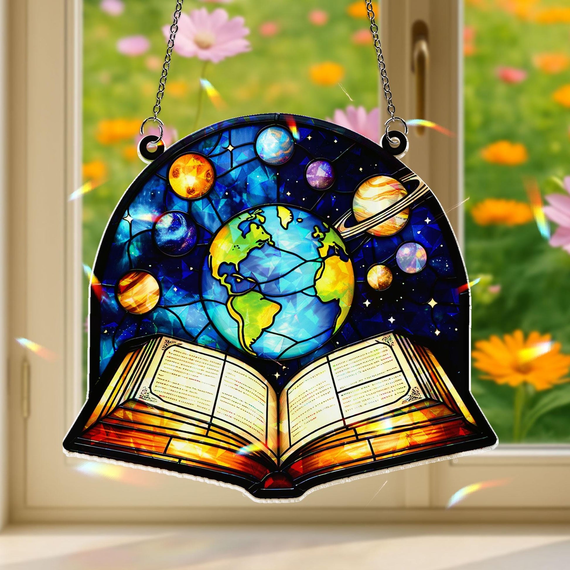 Celestial Earth & Planets Acrylic Window Hanging Ornament, Open Book Design Decor, Cosmic Space Art Panel, Unique Gift for Readers Teachers