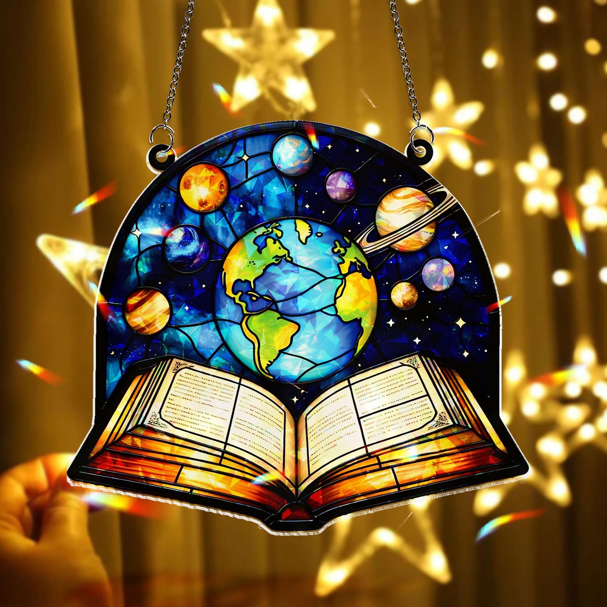 Celestial Earth & Planets Acrylic Window Hanging Ornament, Open Book Design Decor, Cosmic Space Art Panel, Unique Gift for Readers Teachers