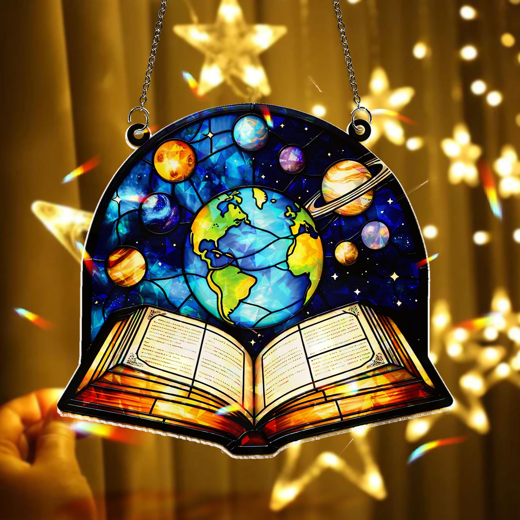 Celestial Earth & Planets Acrylic Window Hanging Ornament, Open Book Design Decor, Cosmic Space Art Panel, Unique Gift for Readers Teachers
