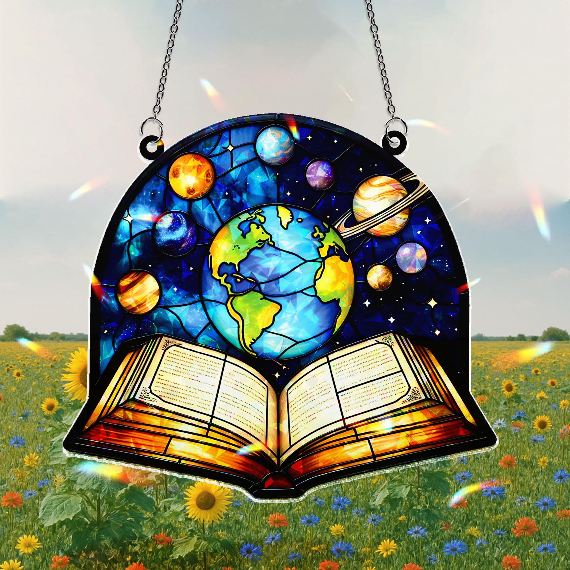 Celestial Earth & Planets Acrylic Window Hanging Ornament, Open Book Design Decor, Cosmic Space Art Panel, Unique Gift for Readers Teachers