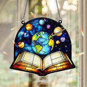 Celestial Earth & Planets Acrylic Window Hanging Ornament, Open Book Design Decor, Cosmic Space Art Panel, Unique Gift for Readers Teachers