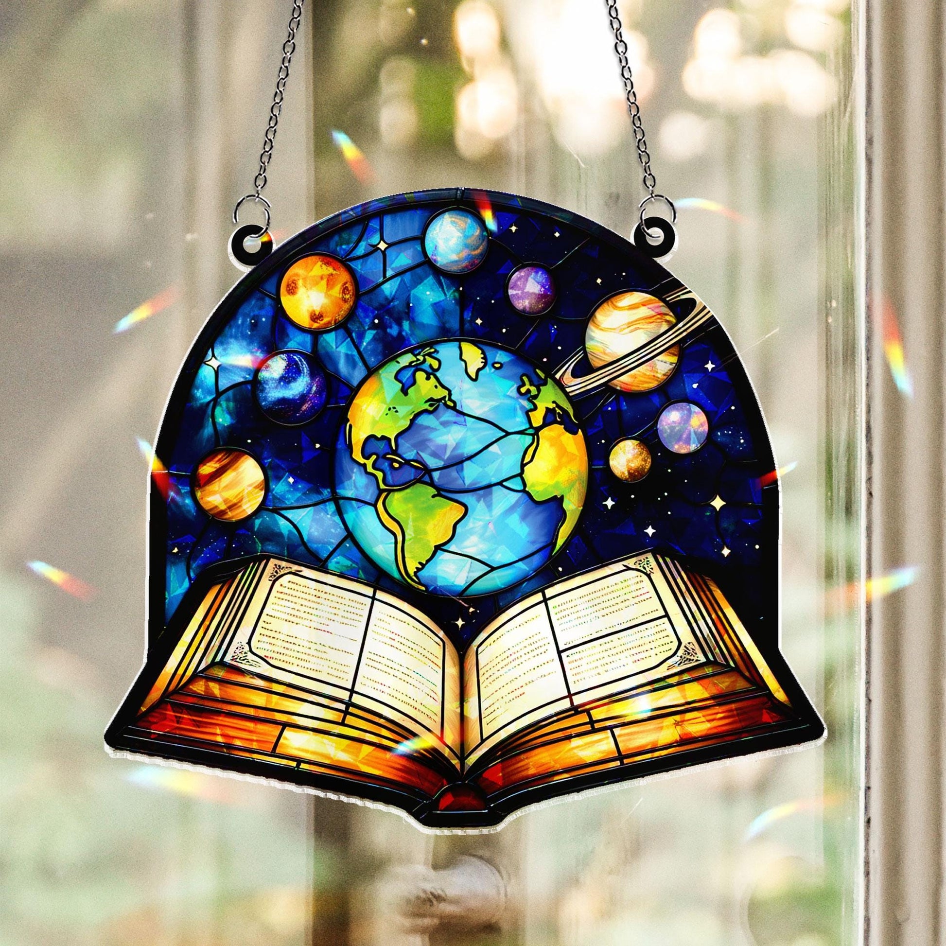 Celestial Earth & Planets Acrylic Window Hanging Ornament, Open Book Design Decor, Cosmic Space Art Panel, Unique Gift for Readers Teachers