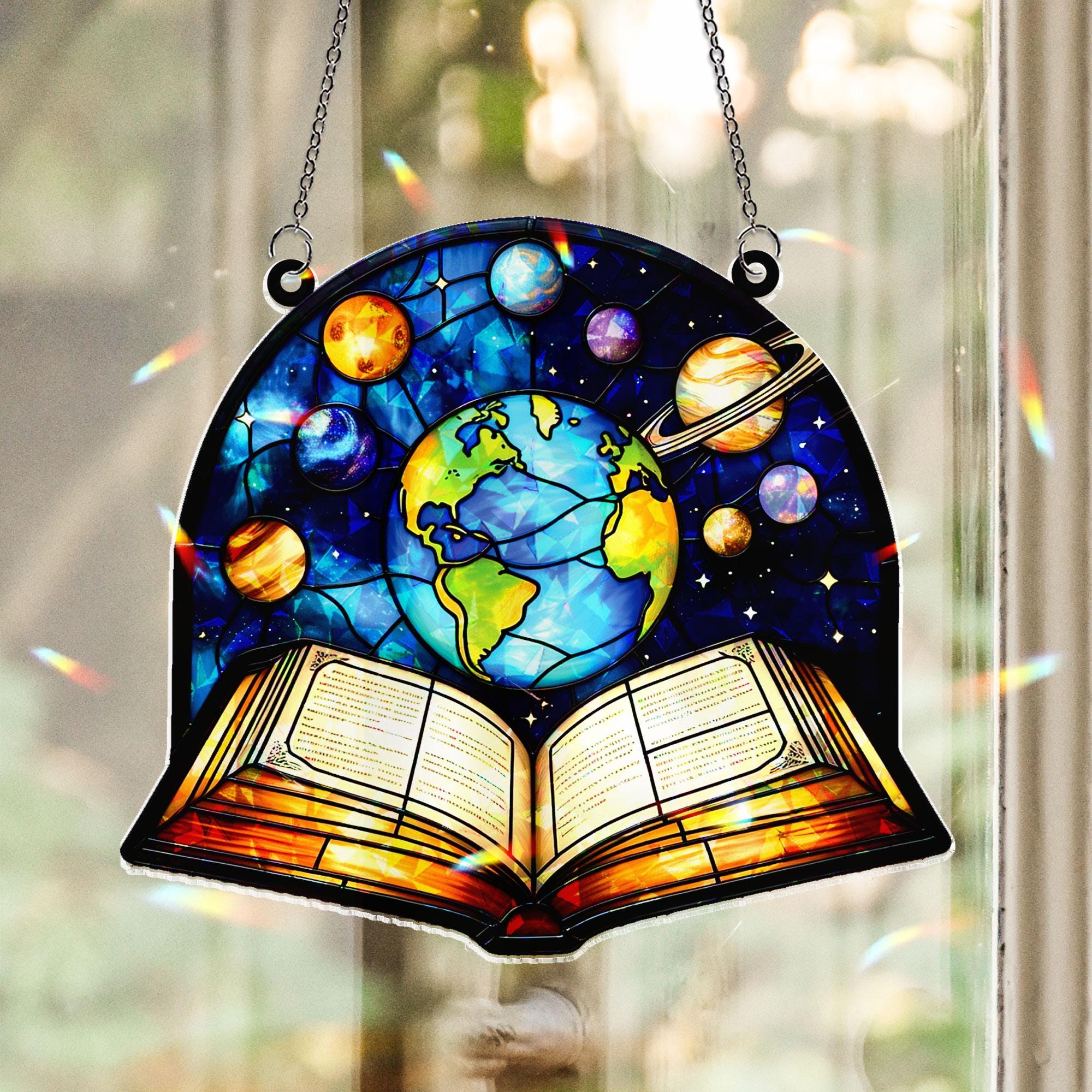 Celestial Earth & Planets Acrylic Window Hanging Ornament, Open Book Design Decor, Cosmic Space Art Panel, Unique Gift for Readers Teachers