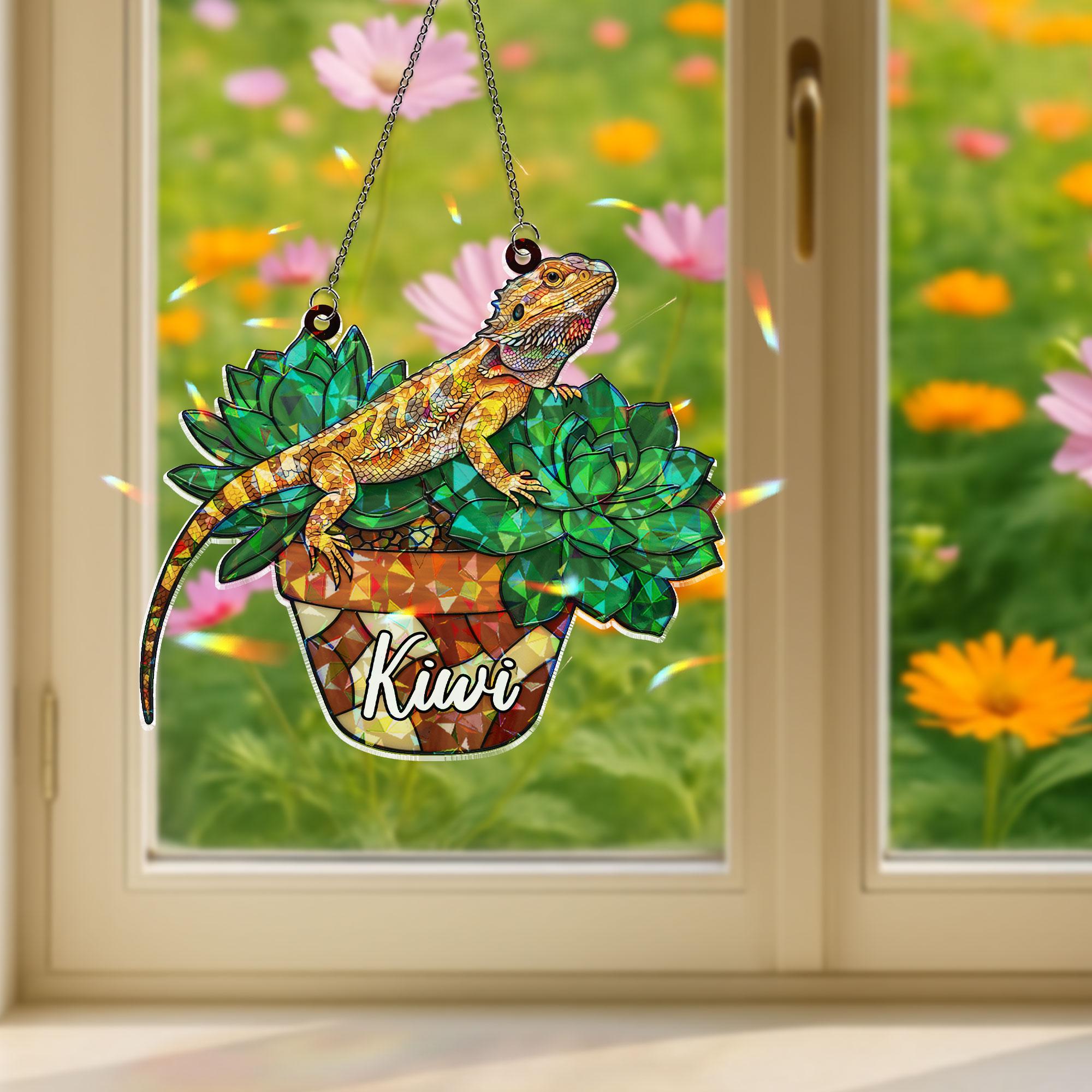 Personalized Bearded Dragon Acrylic Window Hanging Ornament, Custom Name Lizard on Succulents Decor, Custom Name Pet Ornament