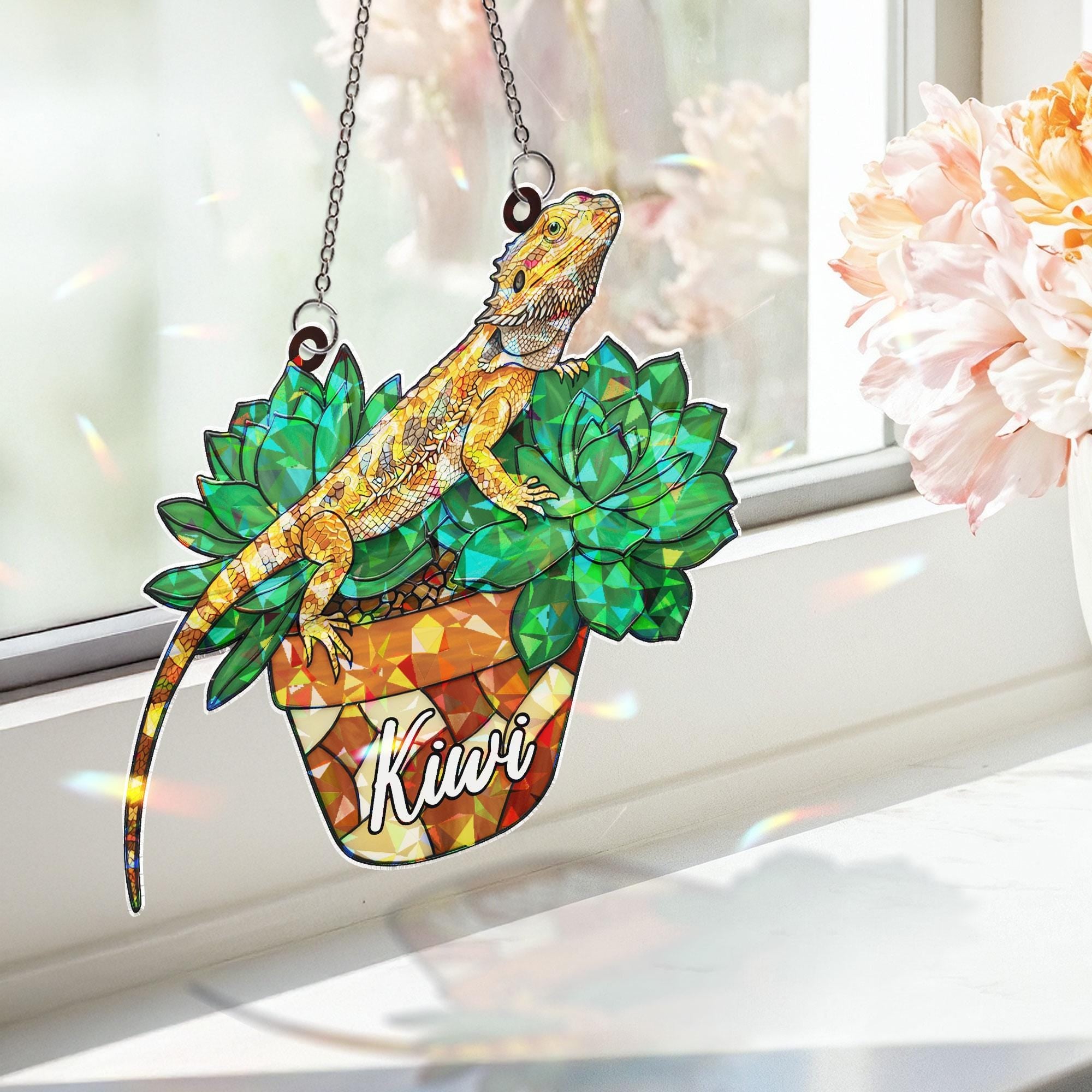 Personalized Bearded Dragon Acrylic Window Hanging Ornament, Custom Name Lizard on Succulents Decor, Custom Name Pet Ornament