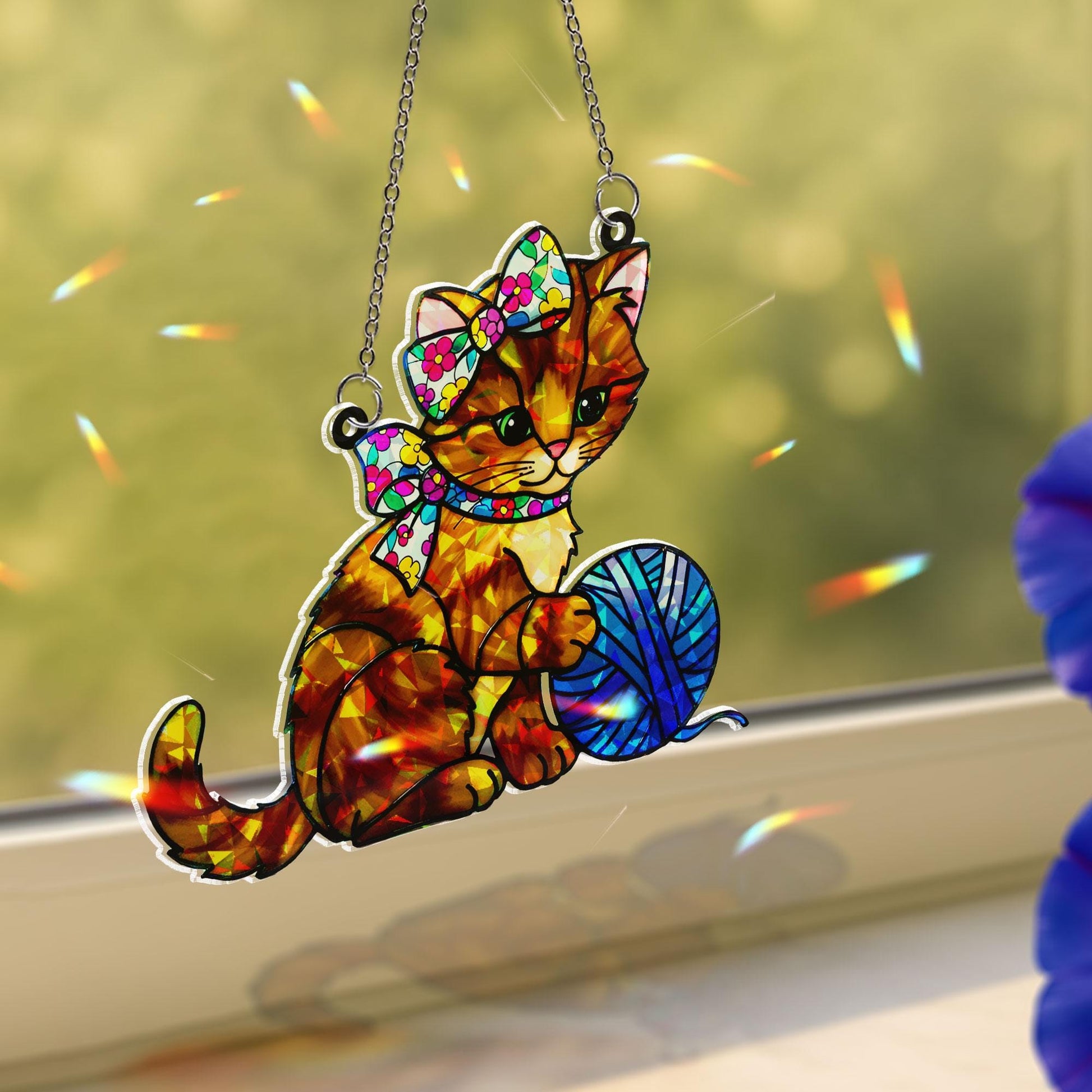 Cat Kitten Floral Bow & Yarn Ball Acrylic Window Hanging Ornament, Gift For Cat Mom, Cute Pet Lover Gift, Window Home Decoration
