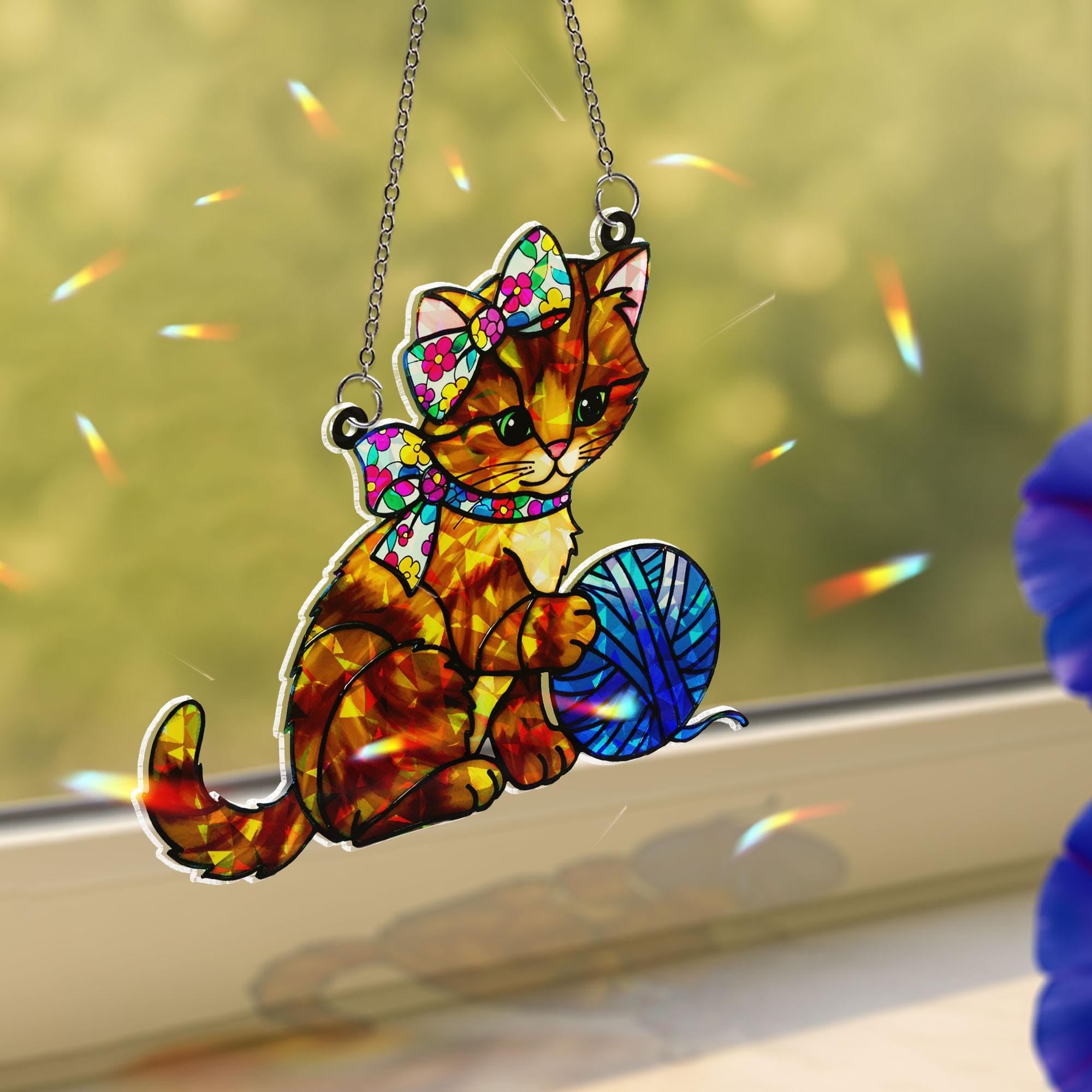 Cat Kitten Floral Bow & Yarn Ball Acrylic Window Hanging Ornament, Gift For Cat Mom, Cute Pet Lover Gift, Window Home Decoration