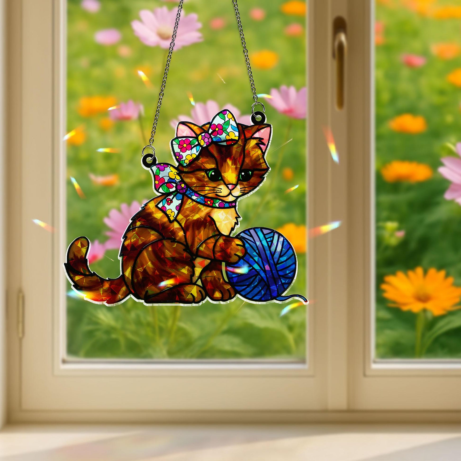 Cat Kitten Floral Bow & Yarn Ball Acrylic Window Hanging Ornament, Gift For Cat Mom, Cute Pet Lover Gift, Window Home Decoration