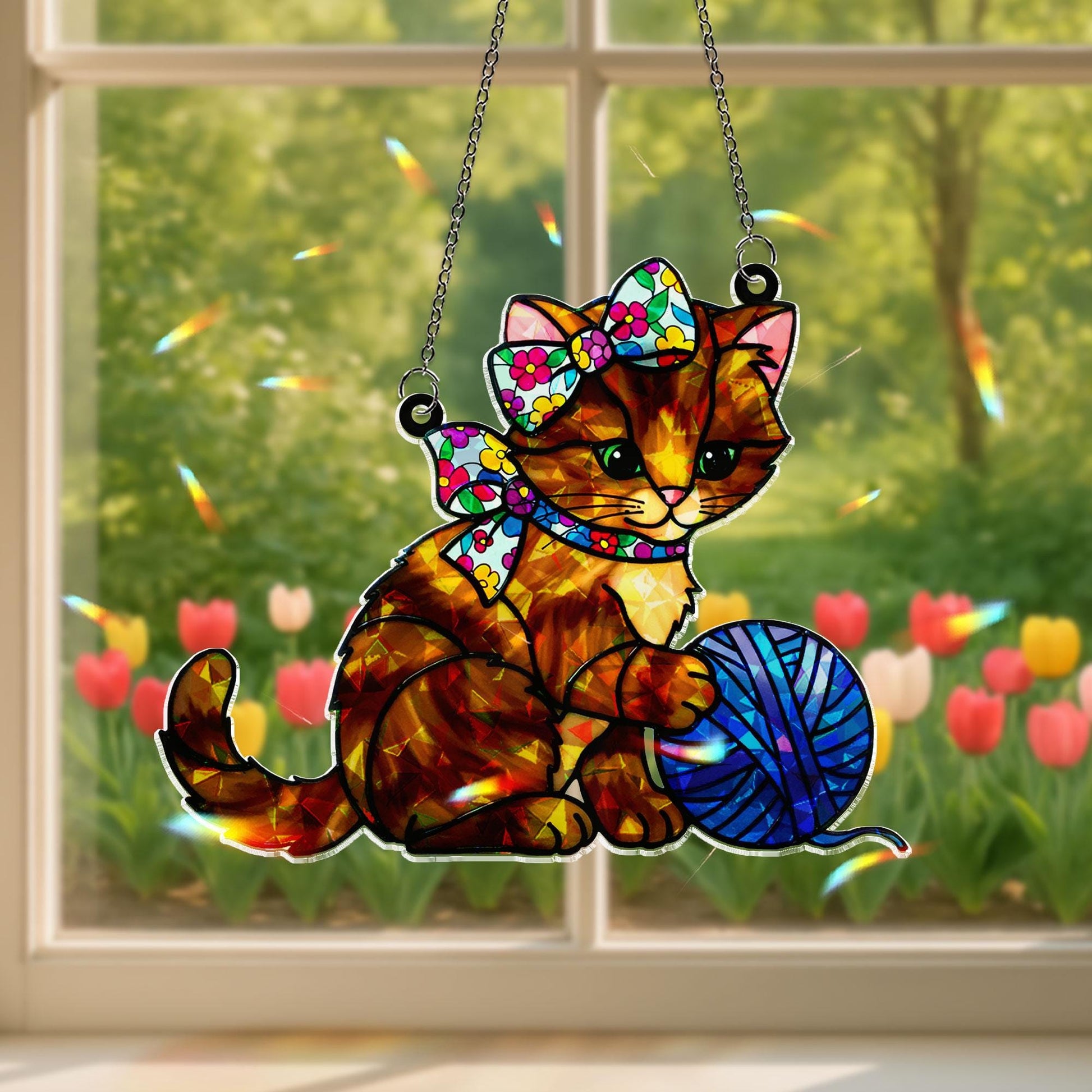 Cat Kitten Floral Bow & Yarn Ball Acrylic Window Hanging Ornament, Gift For Cat Mom, Cute Pet Lover Gift, Window Home Decoration