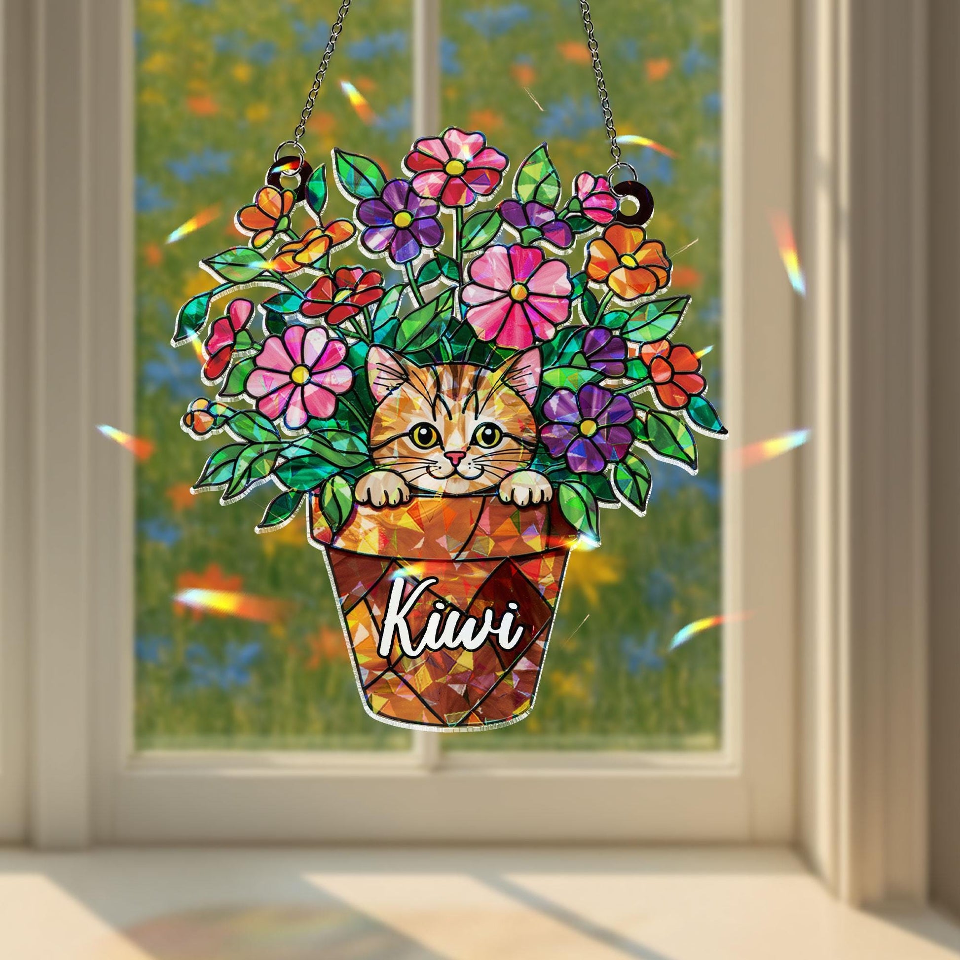 Personalized Cat And Flower Window Hanging, Custom Name Peeking Kitten in Flower Pot, Cat Lover Gift, Kitty in Flower Pot Ornament