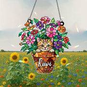 Personalized Cat And Flower Window Hanging, Custom Name Peeking Kitten in Flower Pot, Cat Lover Gift, Kitty in Flower Pot Ornament