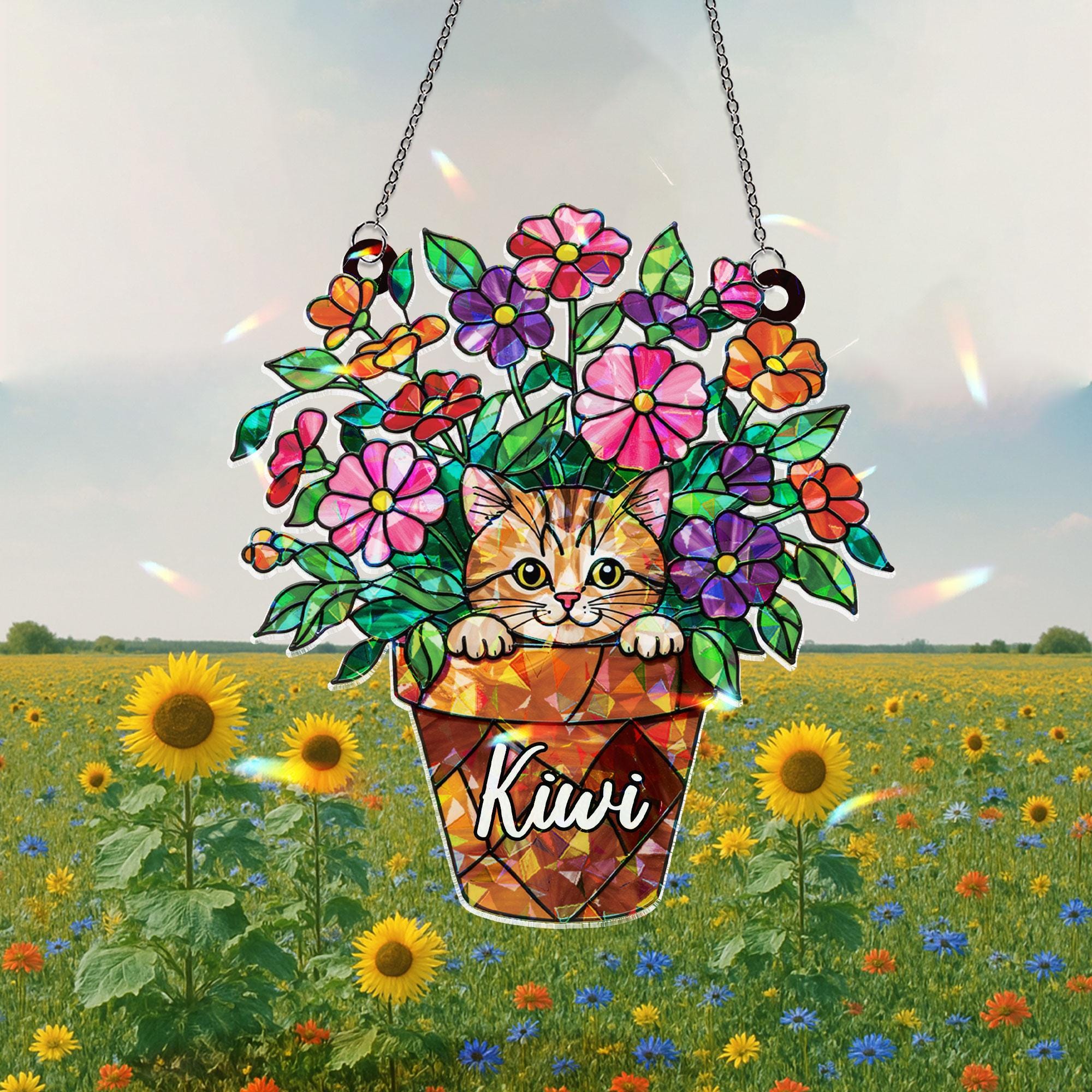 Personalized Cat And Flower Window Hanging, Custom Name Peeking Kitten in Flower Pot, Cat Lover Gift, Kitty in Flower Pot Ornament