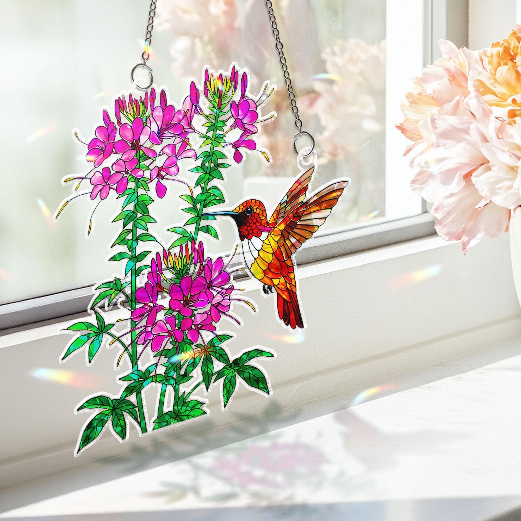 Colorful Hummingbird & Pink Flower Acrylic Window Hanging Ornament, Vibrant Garden Decor Gift for Mom, Nature Lover Gift, Home Decor