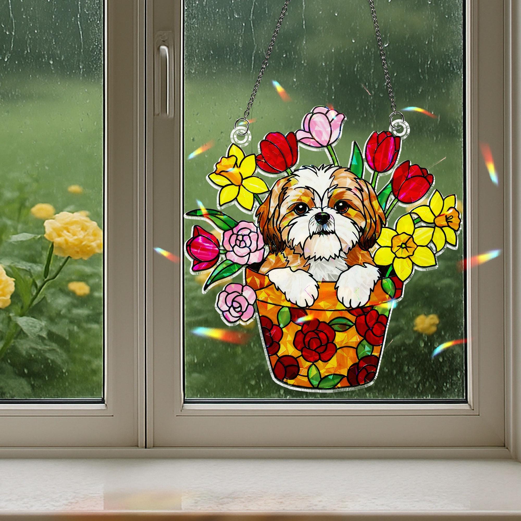 Shih Tzu Dog in Flower Pot Acrylic Window Hanging Ornament, Cute Puppy Floral Decor, Dog Lover Gift Idea, Dog Lover Gift, Dog Mom, Dog Dad