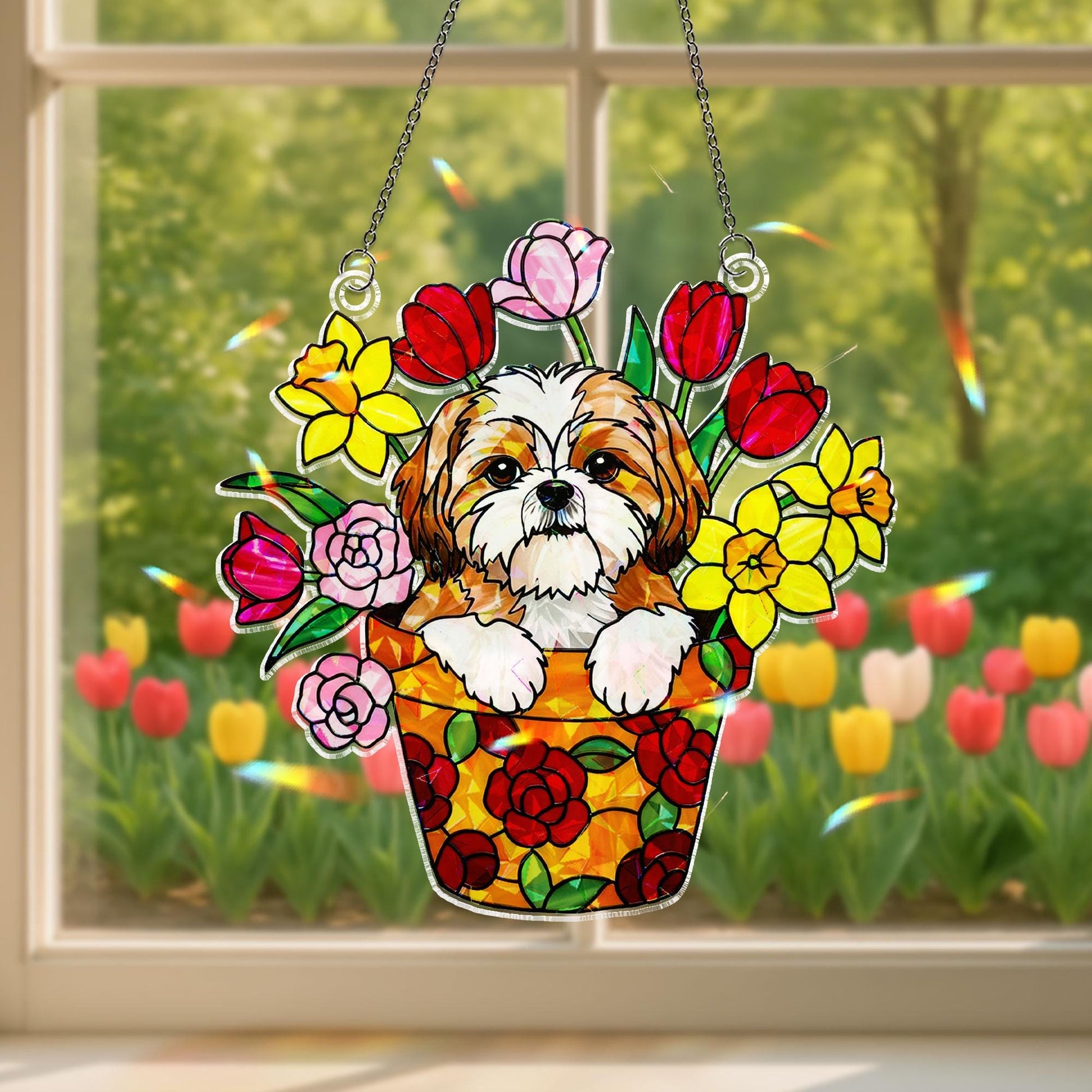 Shih Tzu Dog in Flower Pot Acrylic Window Hanging Ornament, Cute Puppy Floral Decor, Dog Lover Gift Idea, Dog Lover Gift, Dog Mom, Dog Dad