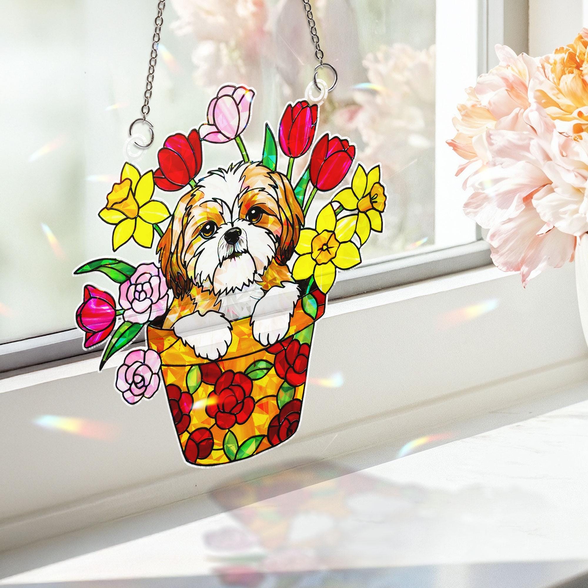 Shih Tzu Dog in Flower Pot Acrylic Window Hanging Ornament, Cute Puppy Floral Decor, Dog Lover Gift Idea, Dog Lover Gift, Dog Mom, Dog Dad