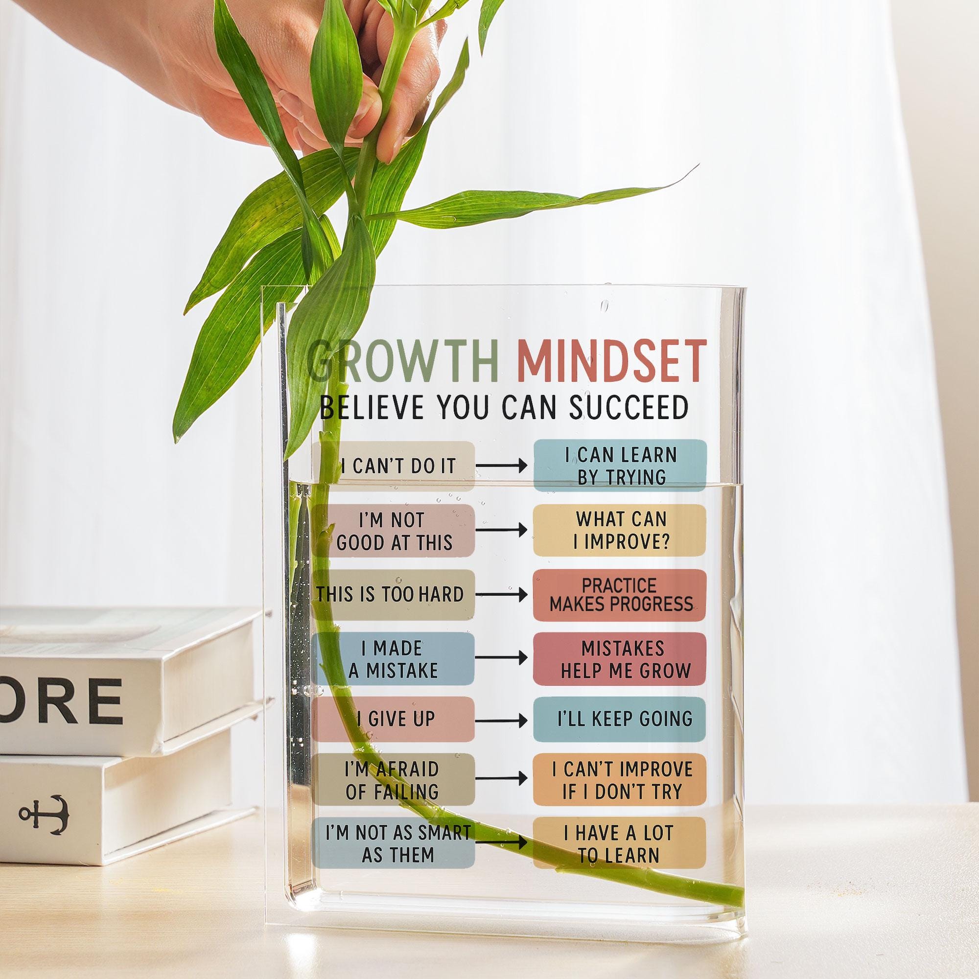 Growth Mindset Acrylic Book Vase, Clear Motivational Flower Holder, Inspirational Quote Desk Decor, Unique Teacher Classroom Office Gift