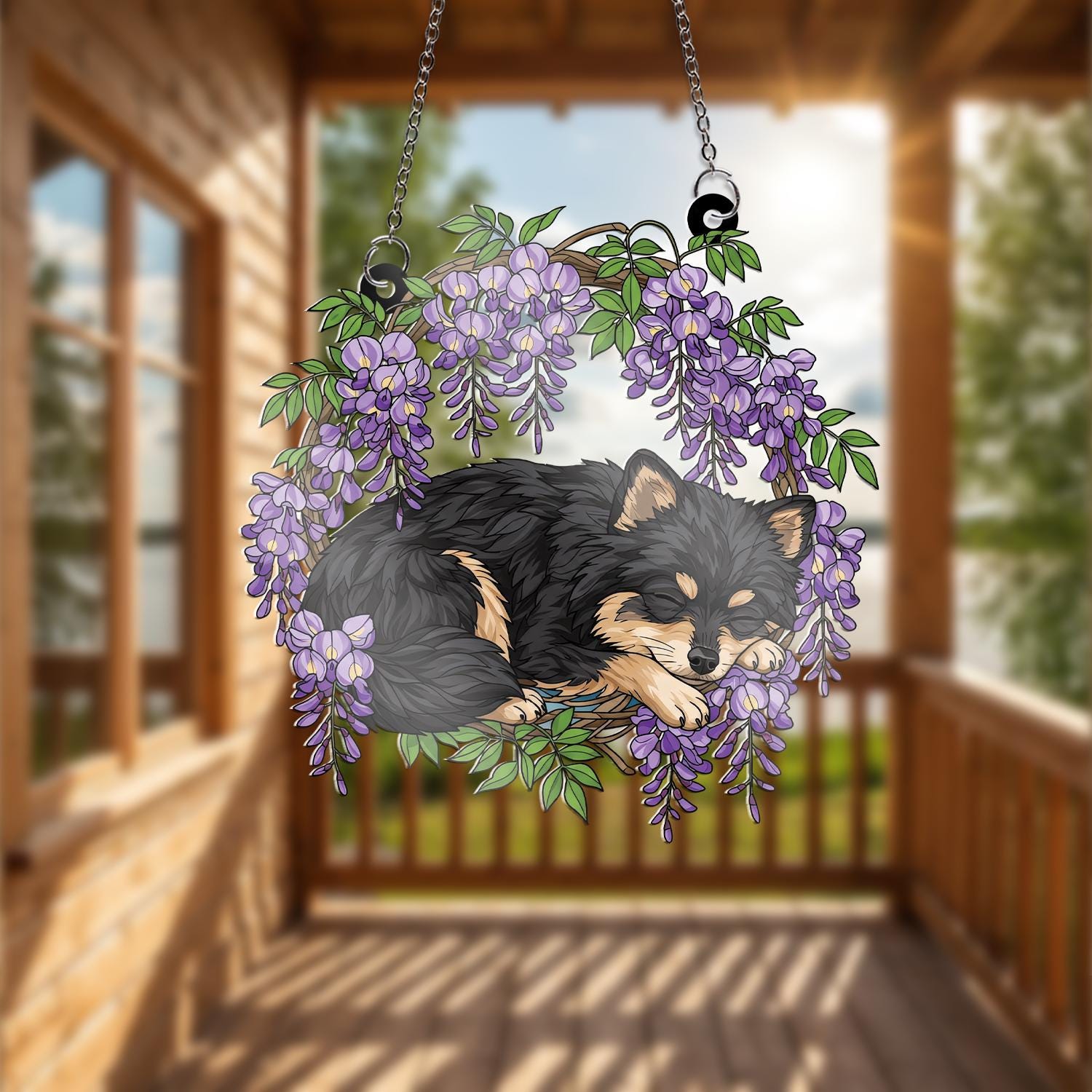 Pomeranian ACRYLIC Window Hanging, Sleeping Dog Window Hanging, Wisteria Acrylic Decor, Fluffy Dog Ornament, Pet Lover Gift,Dog Memorial Art
