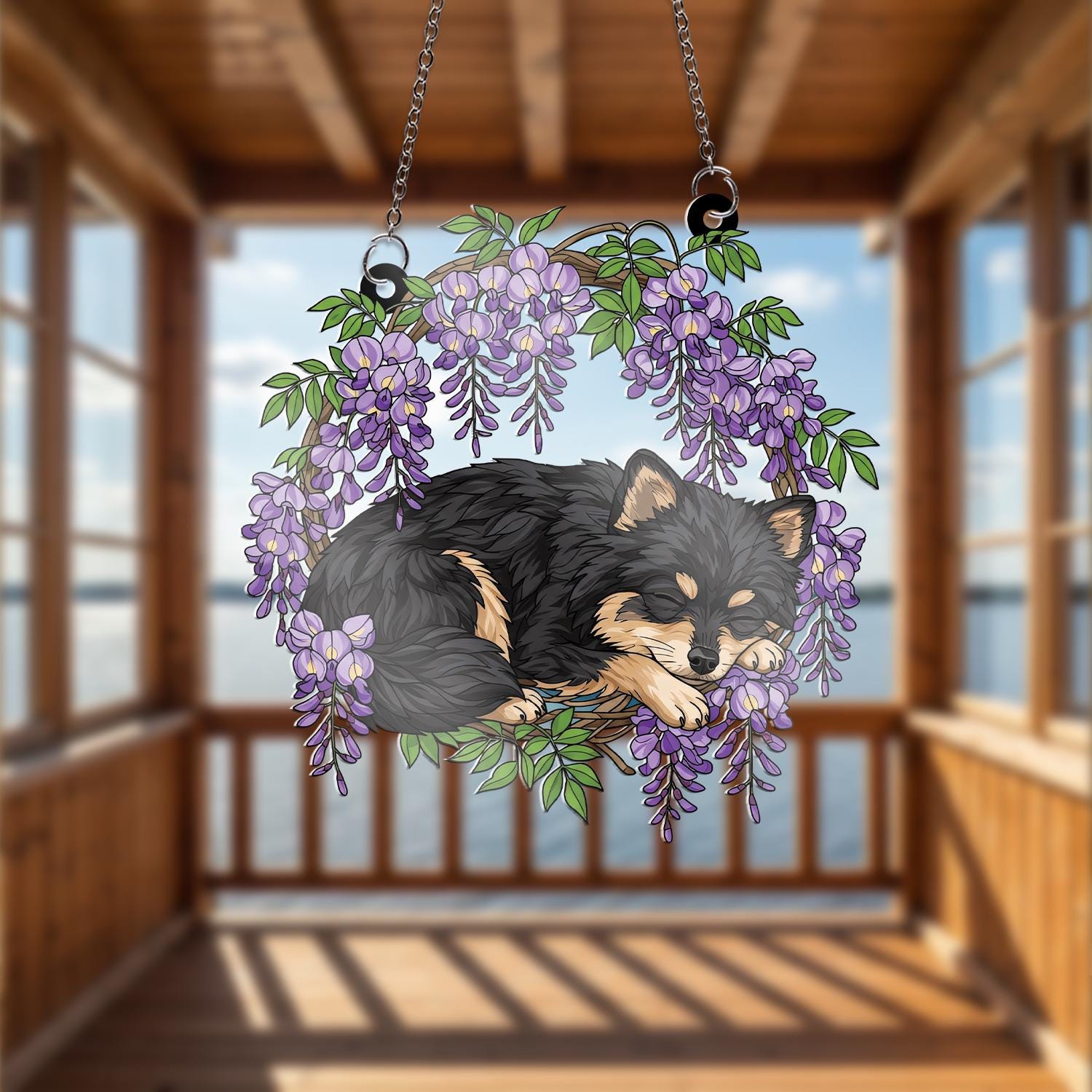 Pomeranian ACRYLIC Window Hanging, Sleeping Dog Window Hanging, Wisteria Acrylic Decor, Fluffy Dog Ornament, Pet Lover Gift,Dog Memorial Art