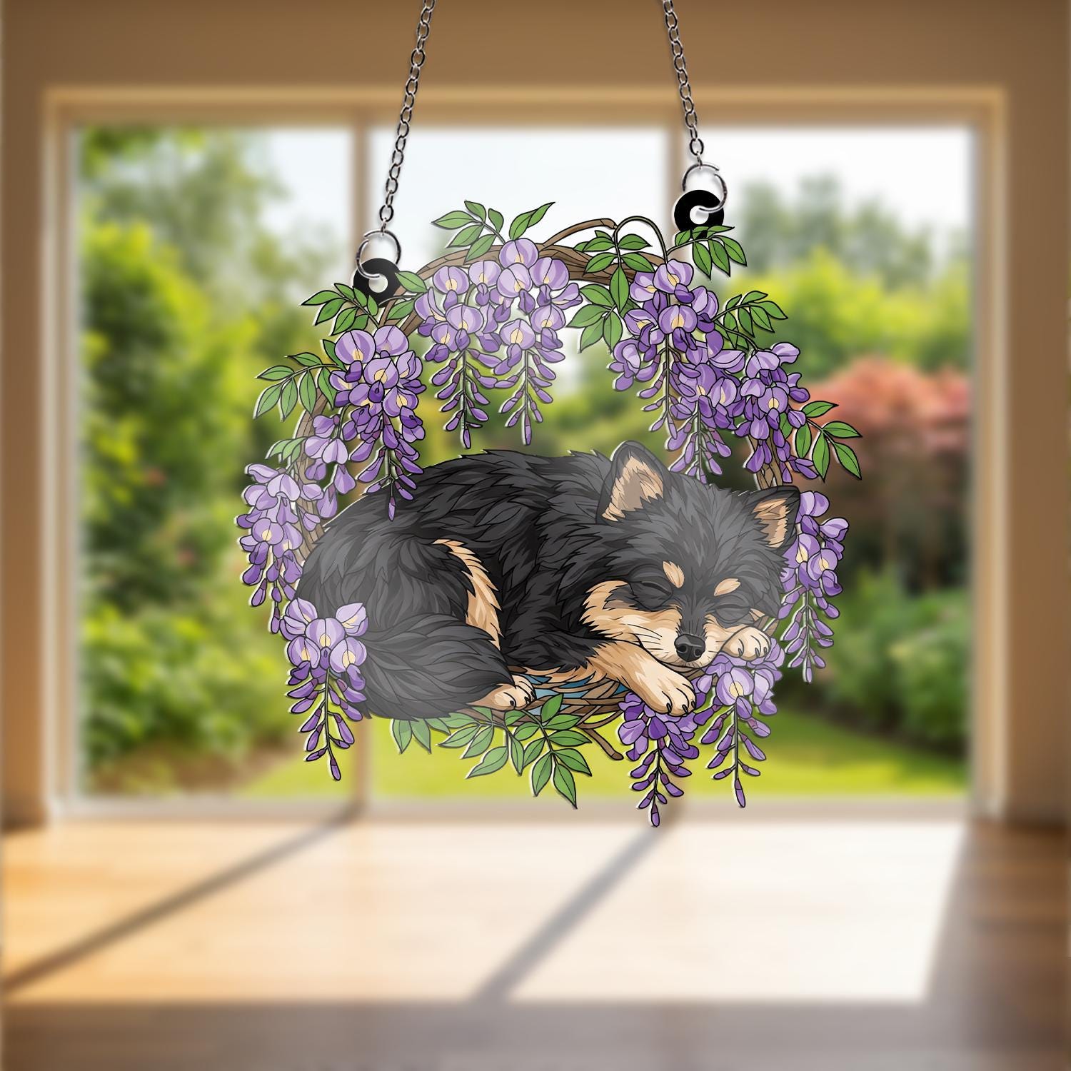 Pomeranian ACRYLIC Window Hanging, Sleeping Dog Window Hanging, Wisteria Acrylic Decor, Fluffy Dog Ornament, Pet Lover Gift,Dog Memorial Art