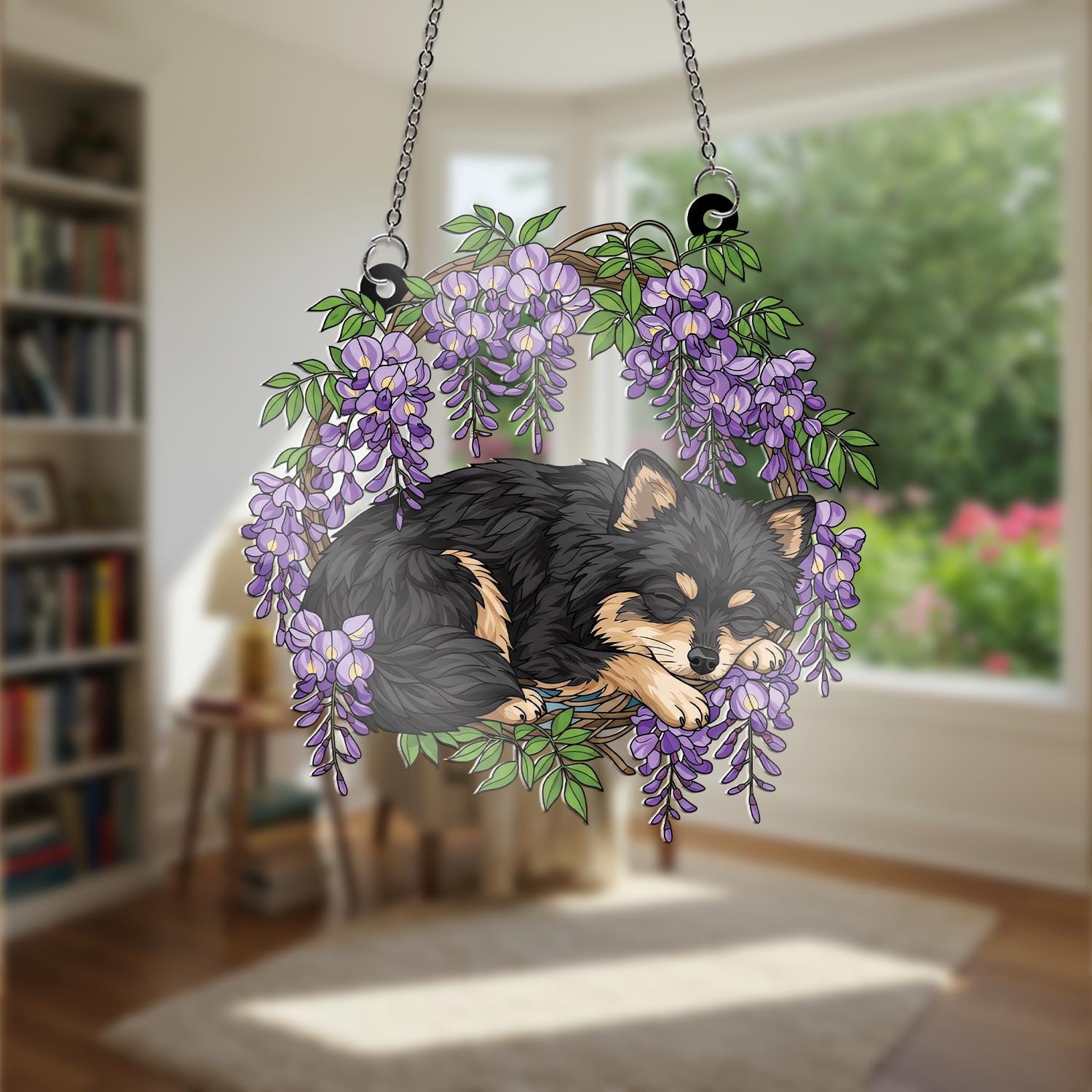 Pomeranian ACRYLIC Window Hanging, Sleeping Dog Window Hanging, Wisteria Acrylic Decor, Fluffy Dog Ornament, Pet Lover Gift,Dog Memorial Art