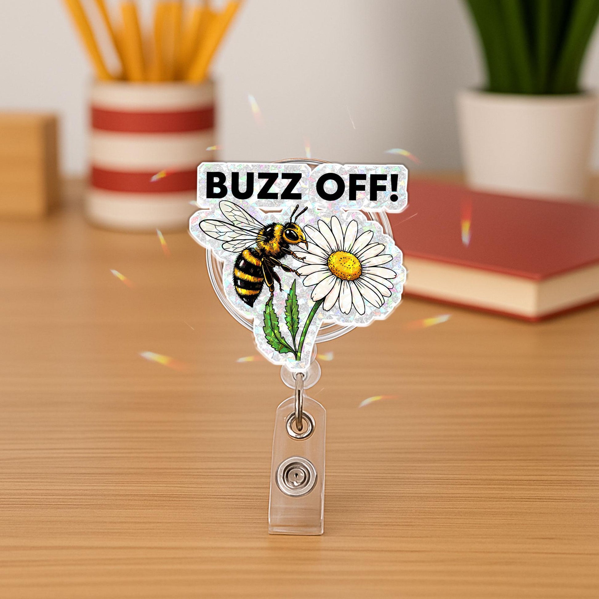 Buzz Off Funny Bee Badge Reel, Cute Daisy Flower Retractable ID Holder, Sassy Acrylic Clip for Nurse Teacher Office, Floral Nature Gift Idea