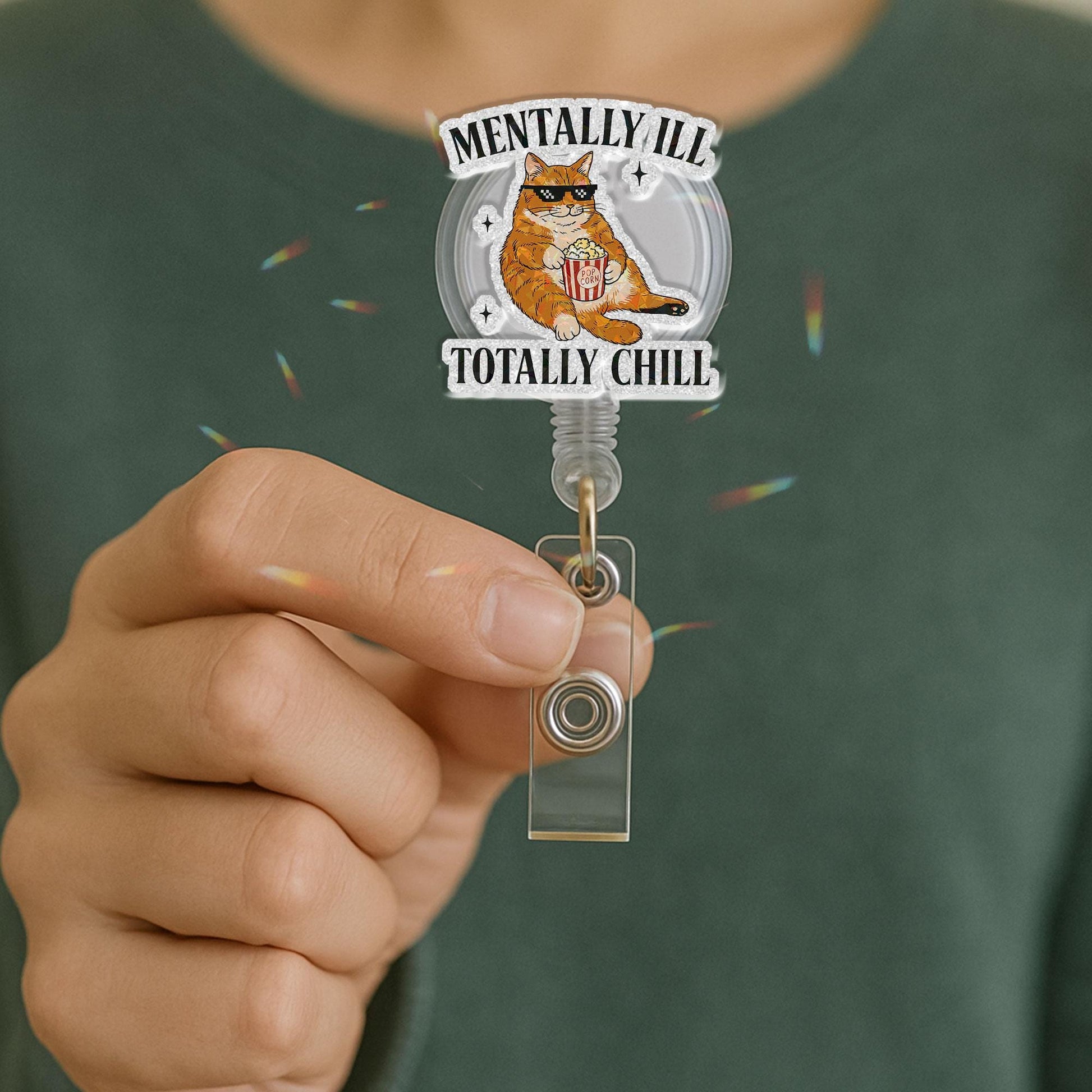 Mentally Ill Totally Chill Cat Badge Reel, Funny Ginger Cat Popcorn ID Holder, Retractable Nurse Teacher Office Gift, Humorous Accessory