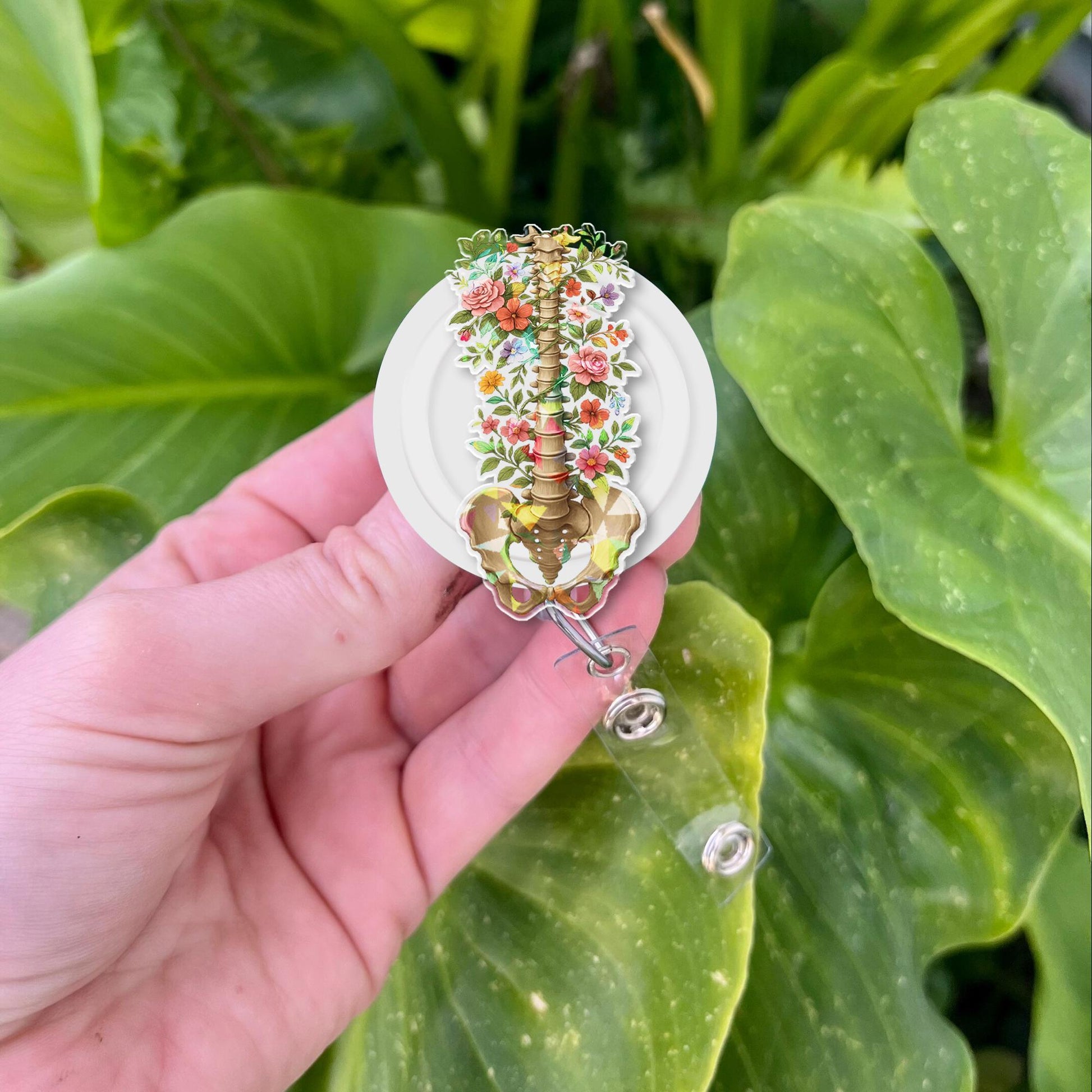 Floral Spine & Pelvis Badge Reel – Mother's Day Gift, Anatomical ID Holder, Medical Accessory, Nurse Gift, Nature Inspired Clip