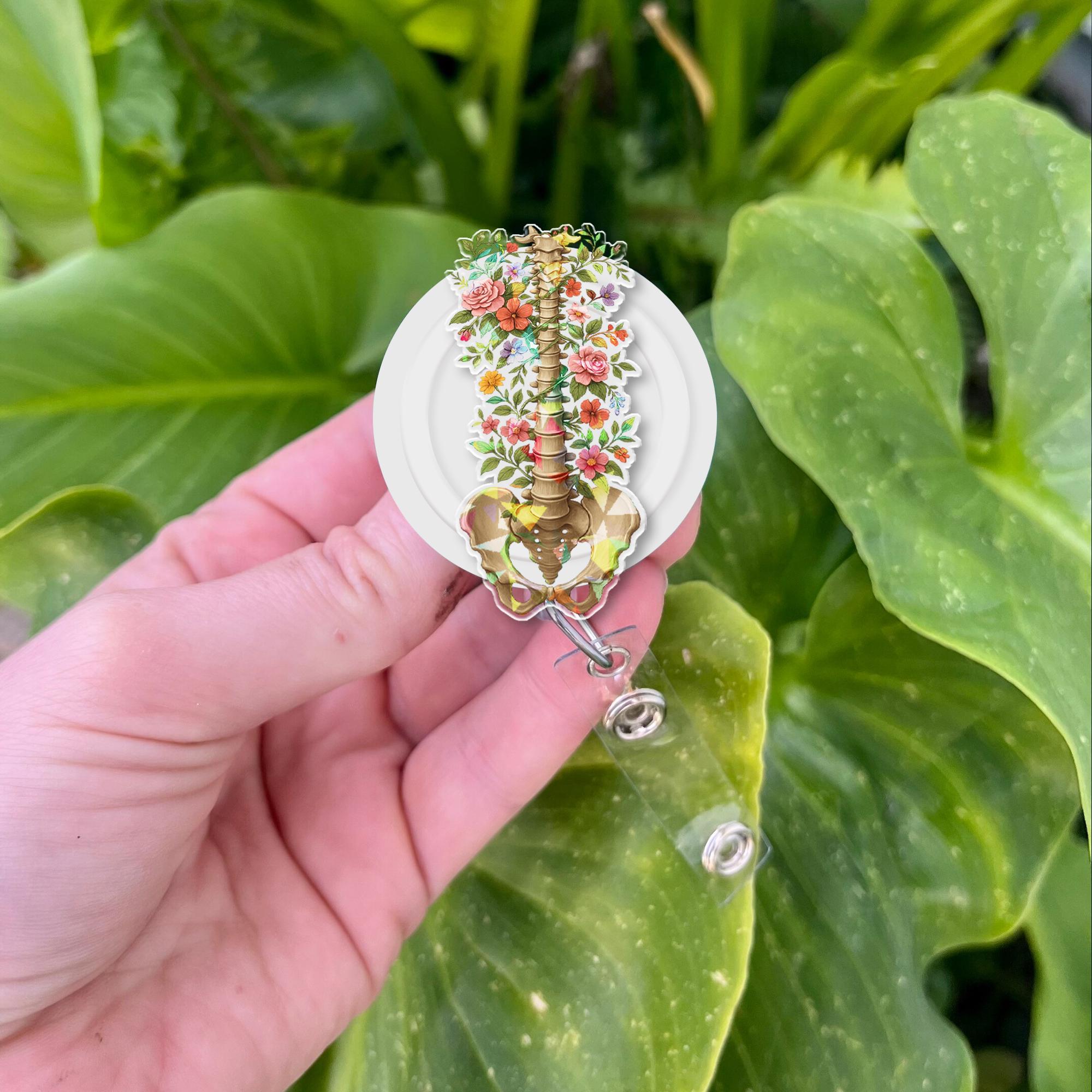 Floral Spine & Pelvis Badge Reel – Mother's Day Gift, Anatomical ID Holder, Medical Accessory, Nurse Gift, Nature Inspired Clip
