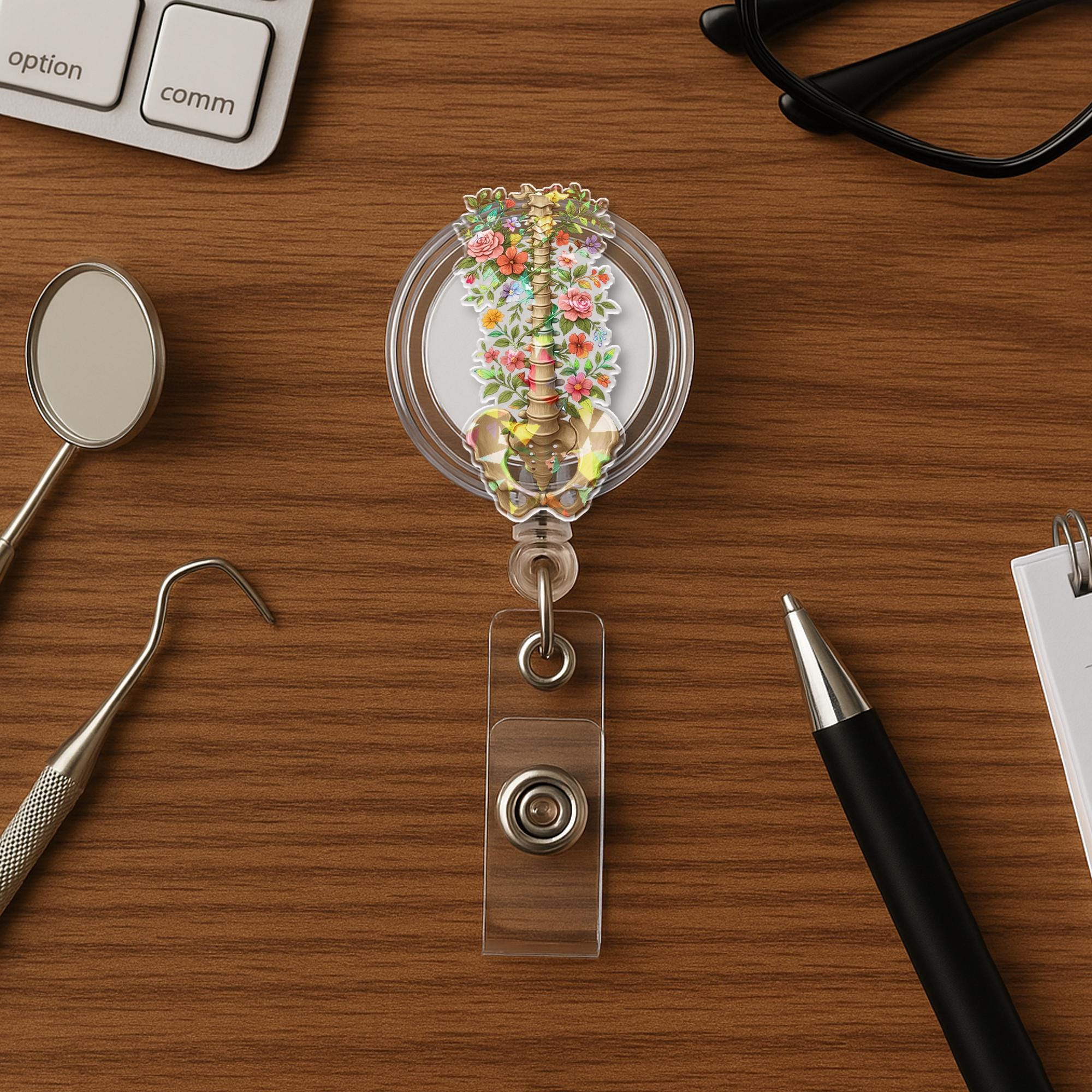 Floral Spine & Pelvis Badge Reel – Mother's Day Gift, Anatomical ID Holder, Medical Accessory, Nurse Gift, Nature Inspired Clip
