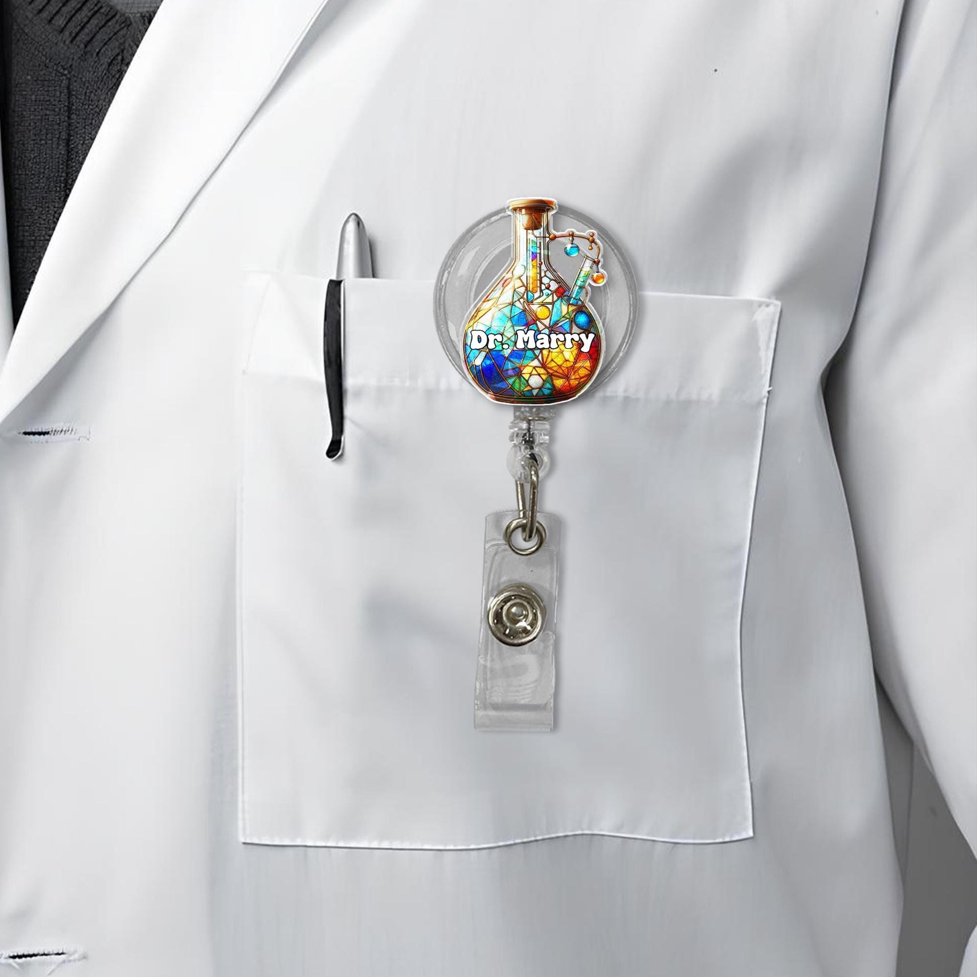 Lab Flask Badge Reel – Science Lover Gift, Mother's Day Idea, Chemist ID Clip, Medical Badge Holder, Nerdy Nurse Accessory