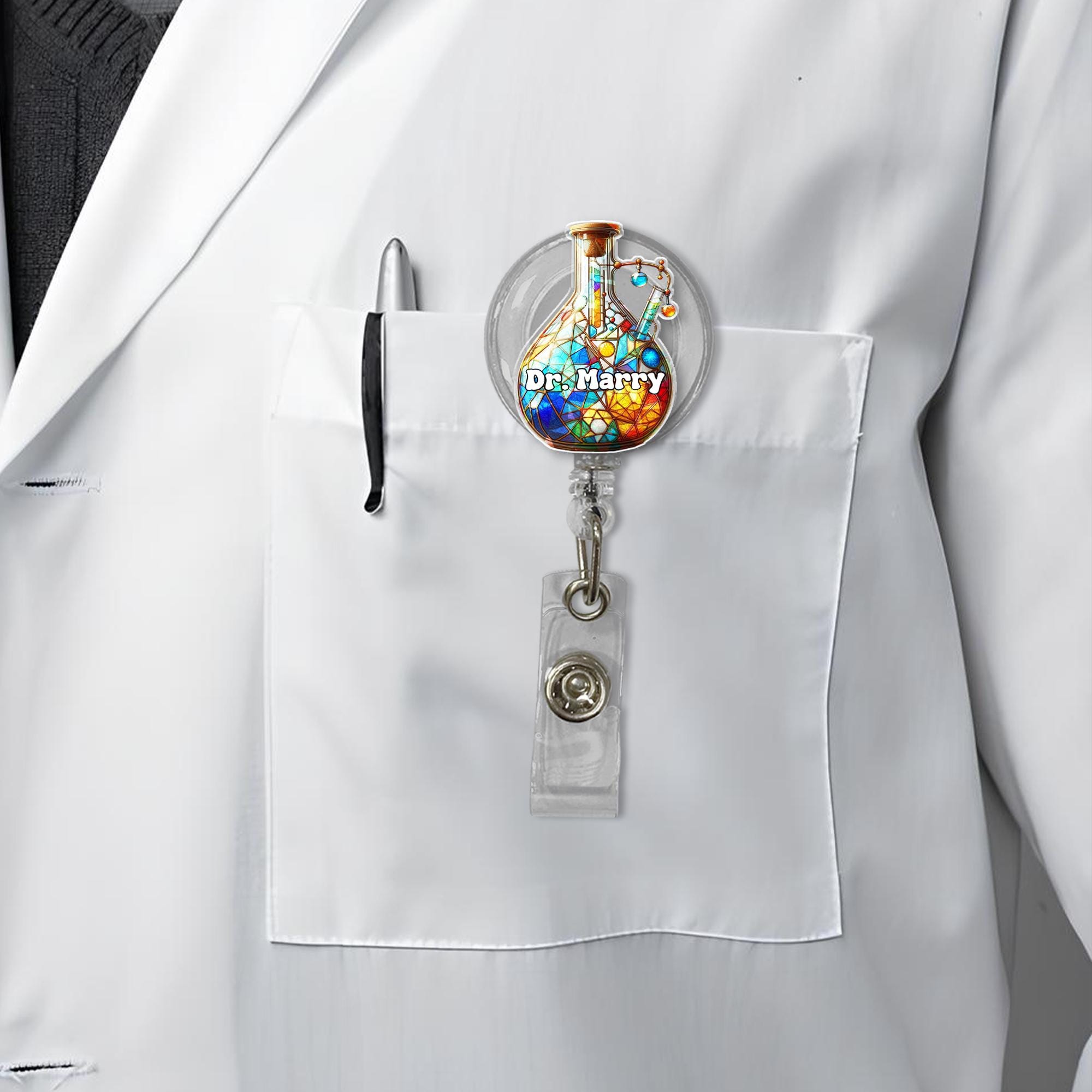 Lab Flask Badge Reel – Science Lover Gift, Mother's Day Idea, Chemist ID Clip, Medical Badge Holder, Nerdy Nurse Accessory