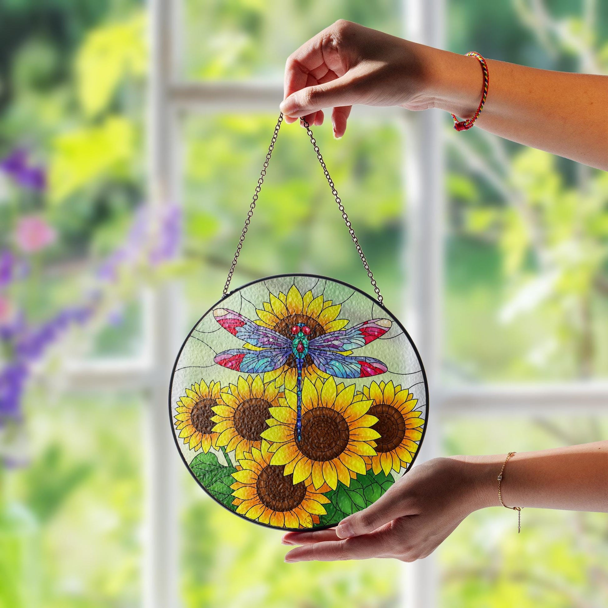 Dragonfly & Sunflowers Glass Suncatcher – Colorful Stained Glass Style Hanging Art – Window Decor for Garden, Home, or Gift Giving