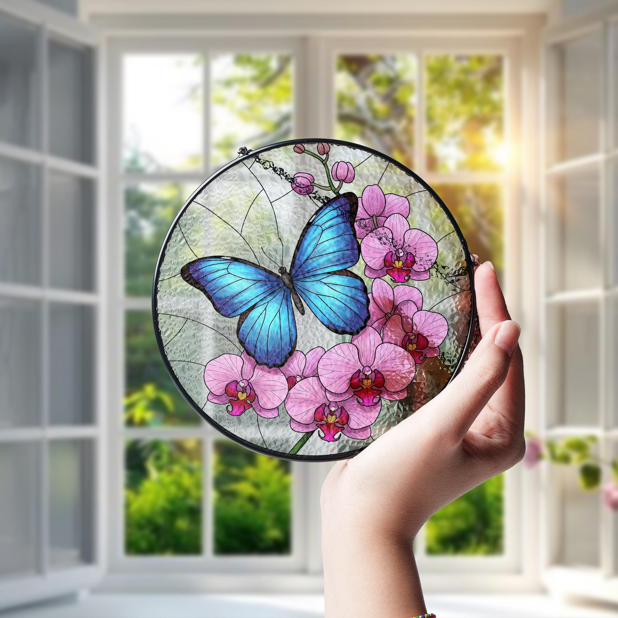 Blue Morpho & Orchid Glass Suncatcher – Mother’s Day Gift, Butterfly Window Decor, Floral Art Gift, Nature Lover Sun Catcher
