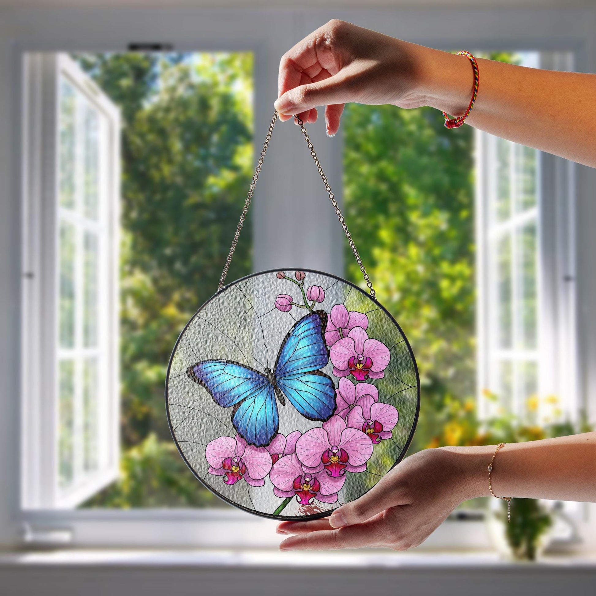 Blue Morpho & Orchid Glass Suncatcher – Mother’s Day Gift, Butterfly Window Decor, Floral Art Gift, Nature Lover Sun Catcher