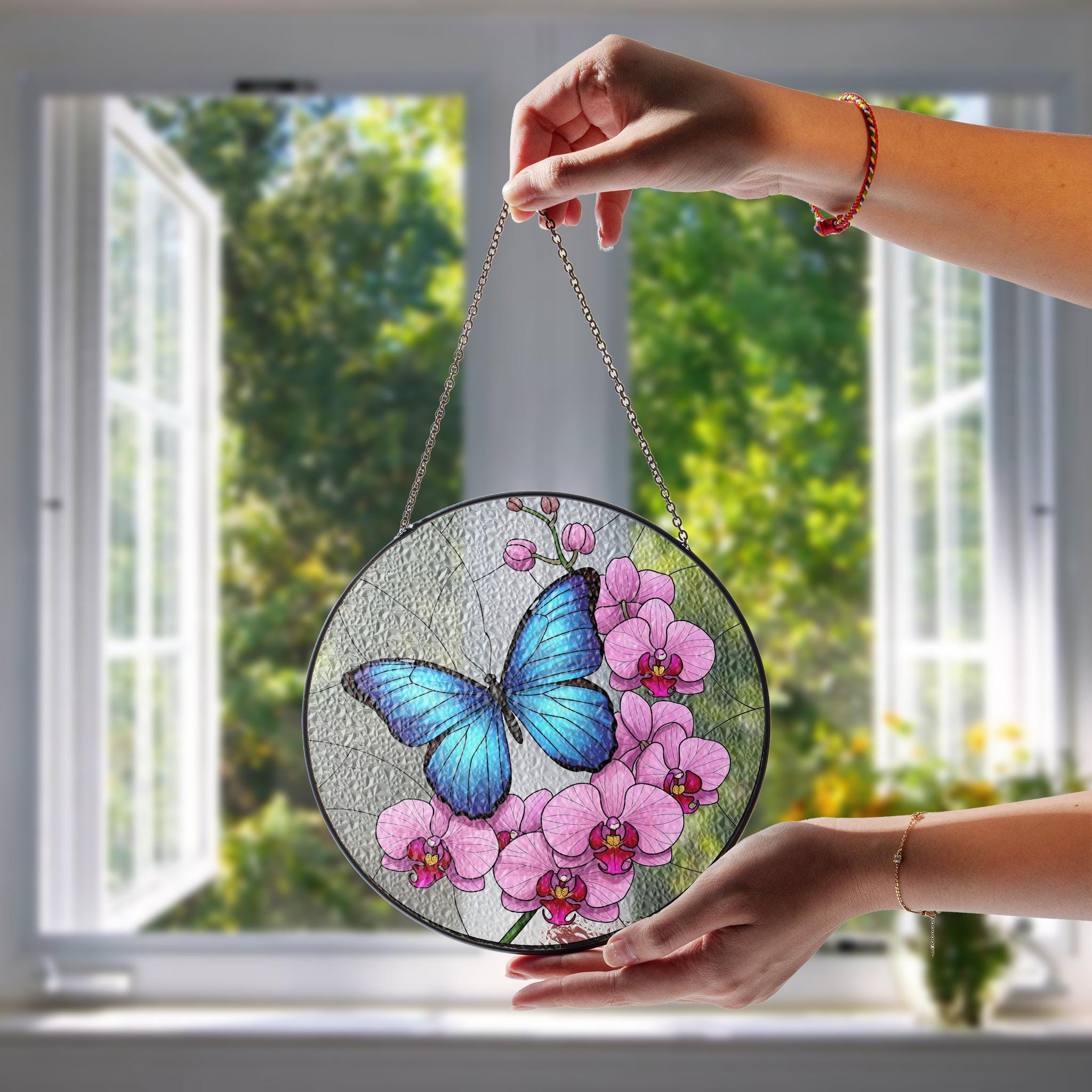 Blue Morpho & Orchid Glass Suncatcher – Mother’s Day Gift, Butterfly Window Decor, Floral Art Gift, Nature Lover Sun Catcher