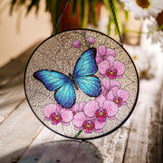 Blue Morpho & Orchid Glass Suncatcher – Mother’s Day Gift, Butterfly Window Decor, Floral Art Gift, Nature Lover Sun Catcher