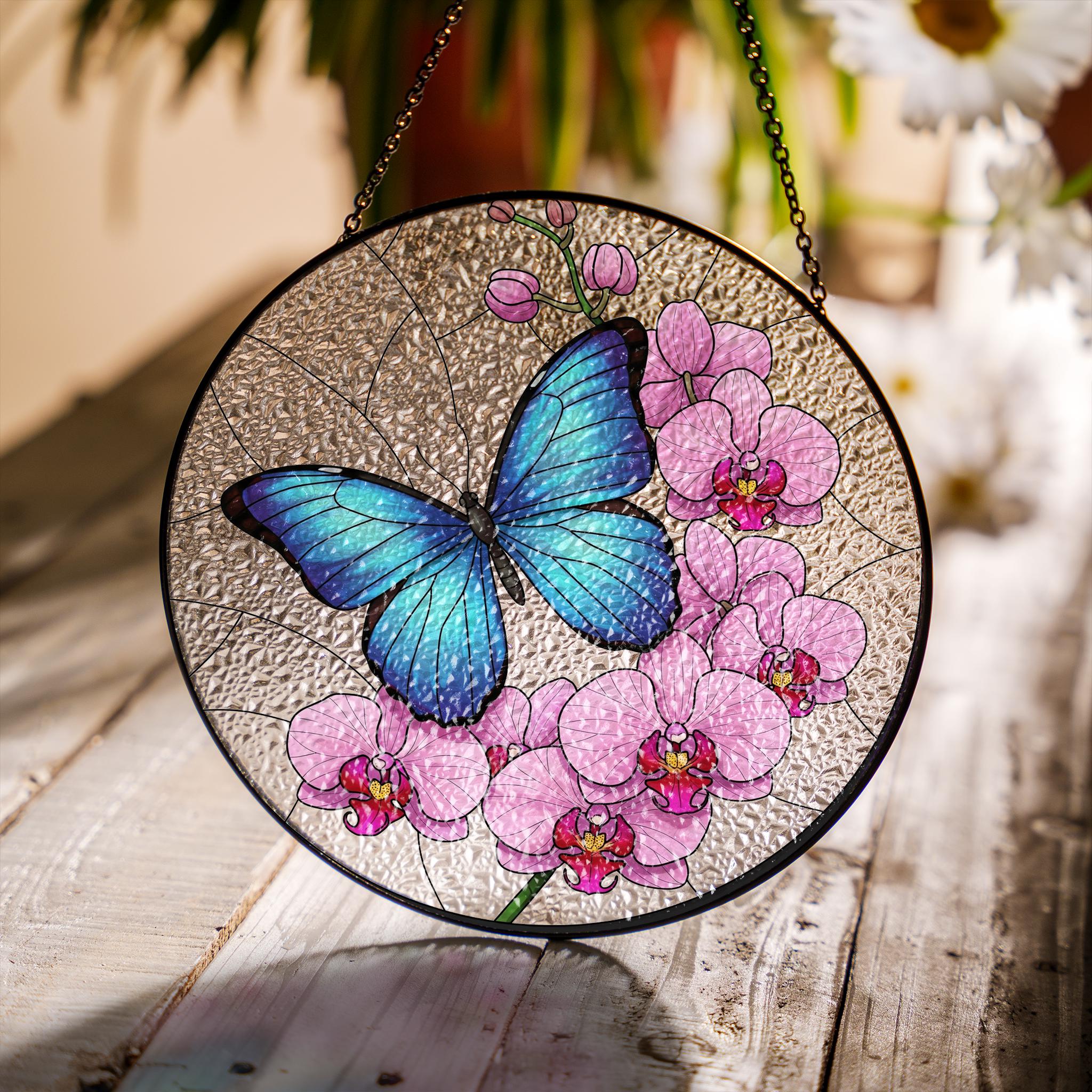 Blue Morpho & Orchid Glass Suncatcher – Mother’s Day Gift, Butterfly Window Decor, Floral Art Gift, Nature Lover Sun Catcher
