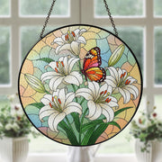Lilies & Butterfly Glass Suncatcher – Mother’s Day Gift, Floral Window Decor, Garden Lover Gift, Spring Butterfly Ornament