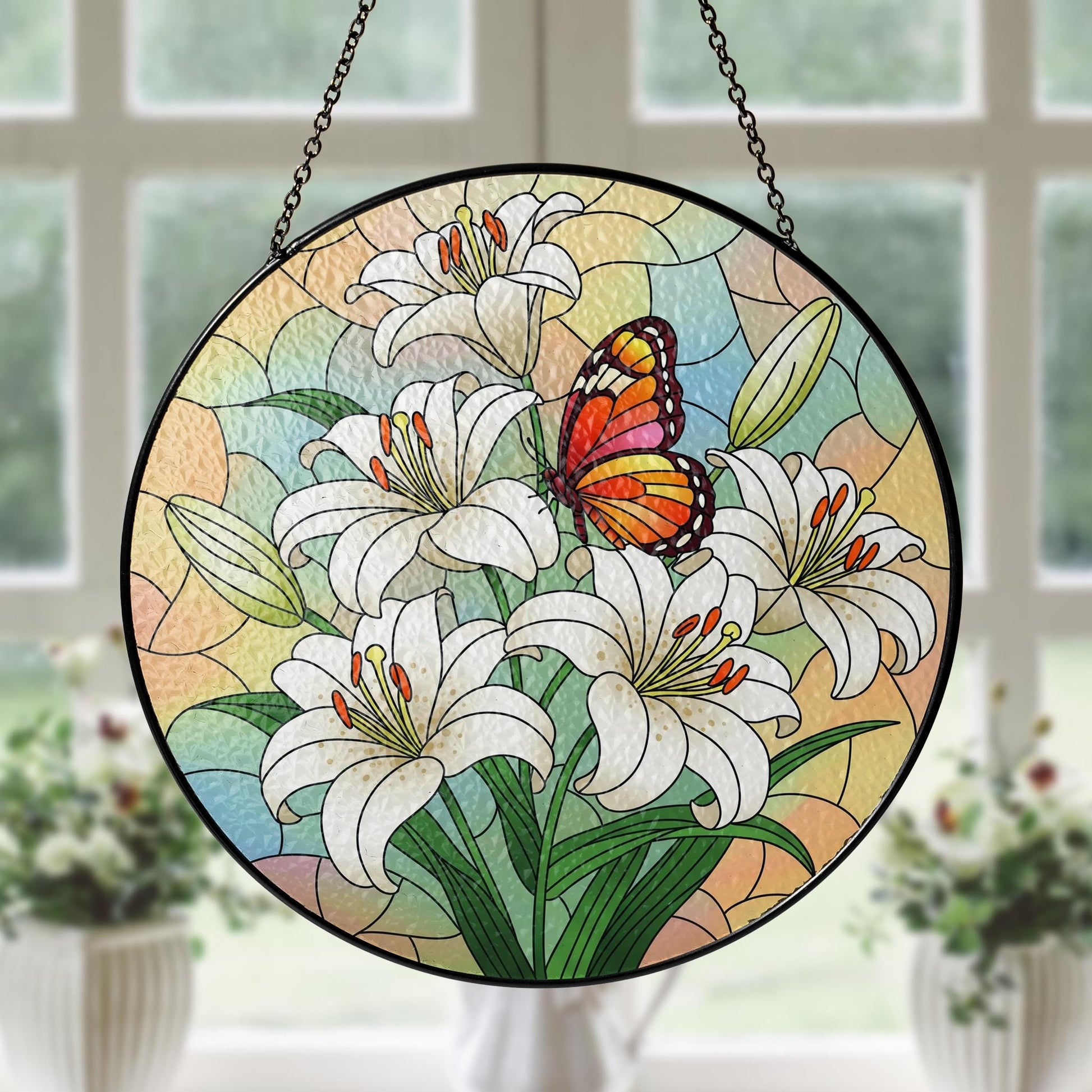 Lilies & Butterfly Glass Suncatcher – Mother’s Day Gift, Floral Window Decor, Garden Lover Gift, Spring Butterfly Ornament