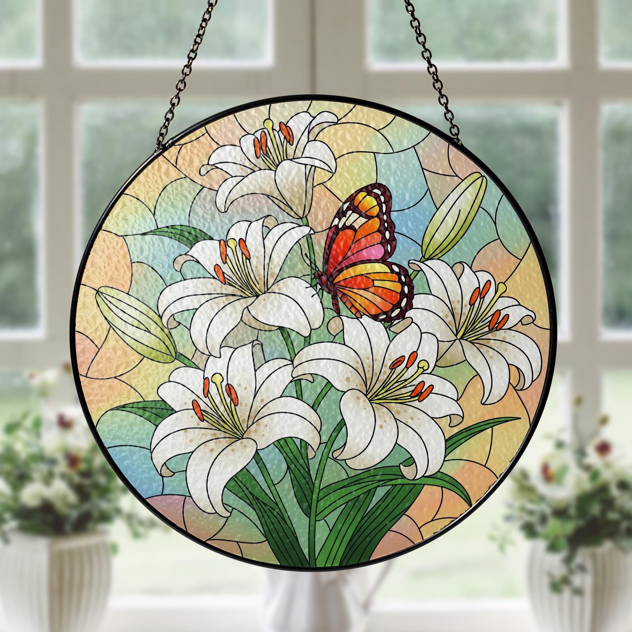 Lilies & Butterfly Glass Suncatcher – Mother’s Day Gift, Floral Window Decor, Garden Lover Gift, Spring Butterfly Ornament