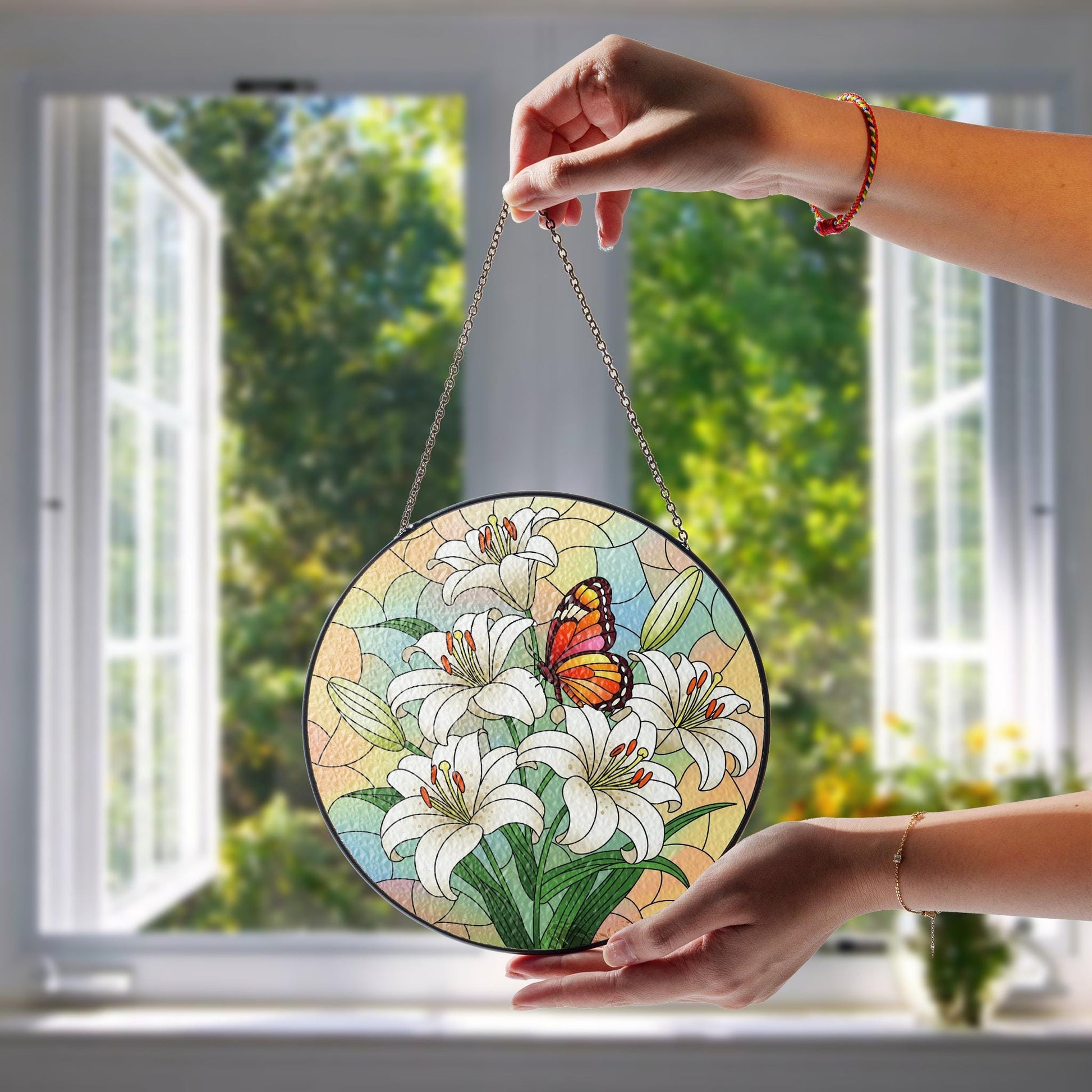 Lilies & Butterfly Glass Suncatcher – Mother’s Day Gift, Floral Window Decor, Garden Lover Gift, Spring Butterfly Ornament